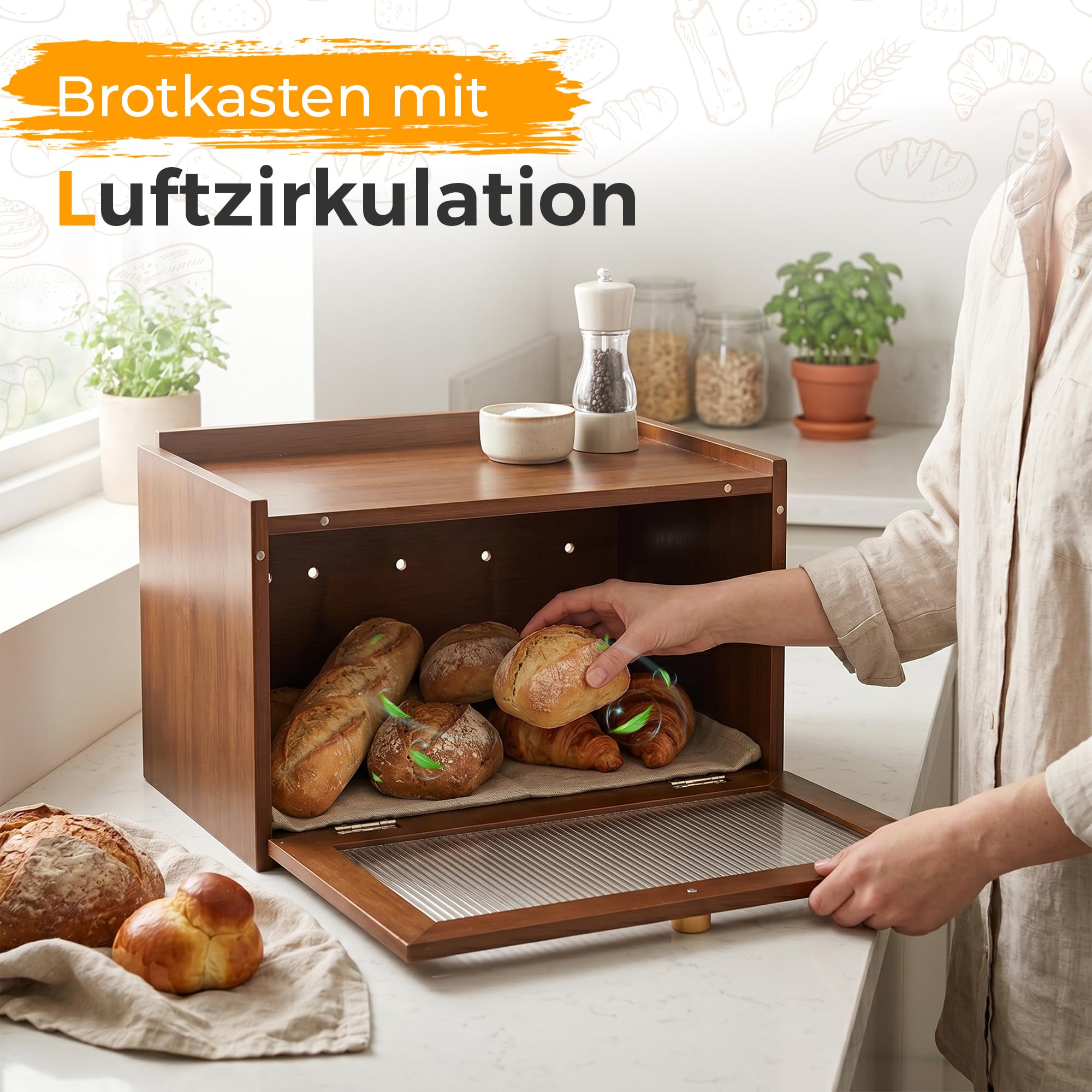 AH® Brotkasten Holz Vintage mit Sichtfenster – Brotbox mit Belüftung – Bread box– Brotbewahrung im Landhausstil