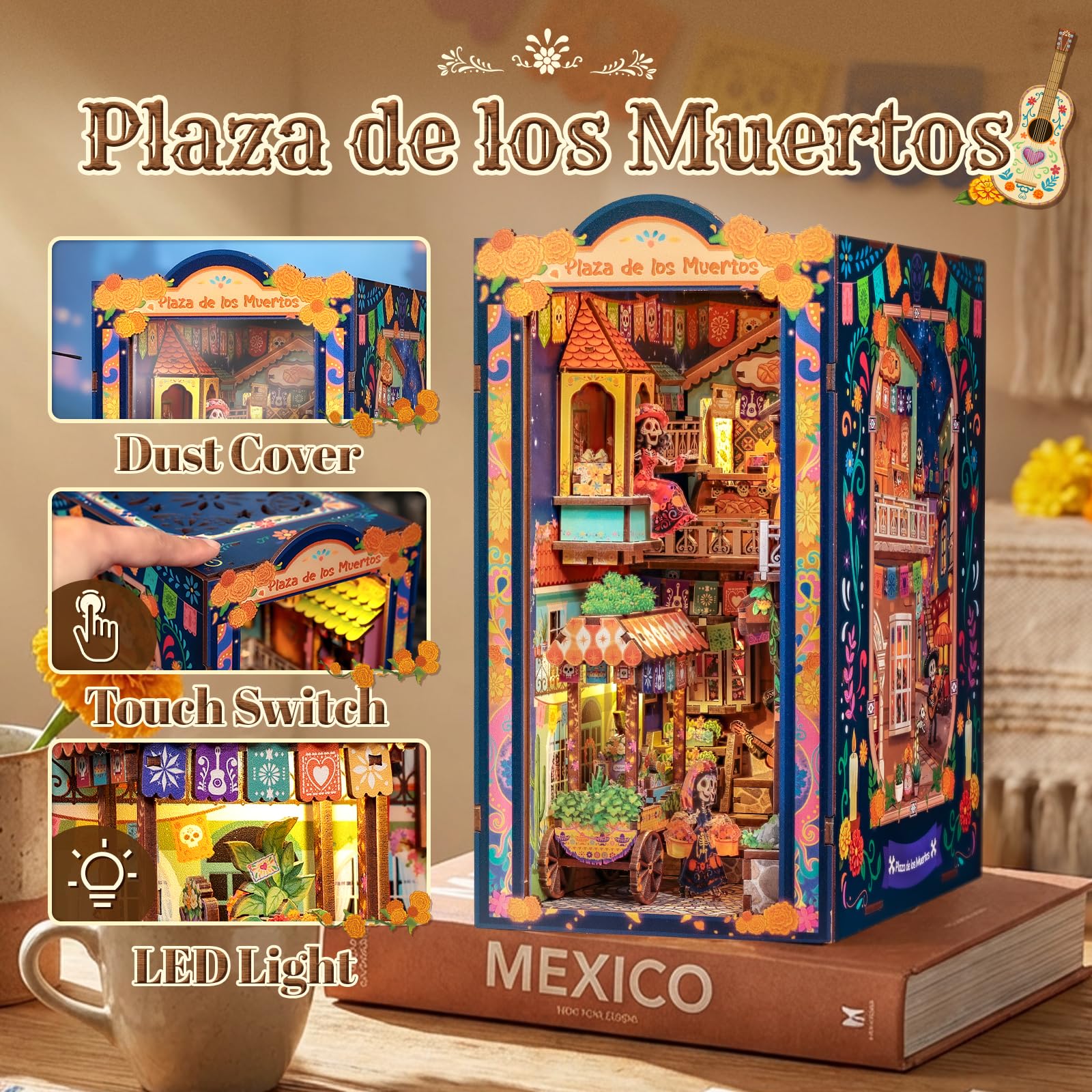 CUTEBEE Book Nook Kit - Casa de Muñecas DIY para Adultos, Maqueta en Miniatura para Montar, Rompecabezas 3D de Madera del Día de Muertos, Decoración para Estantería (Plaza de los Muertos)