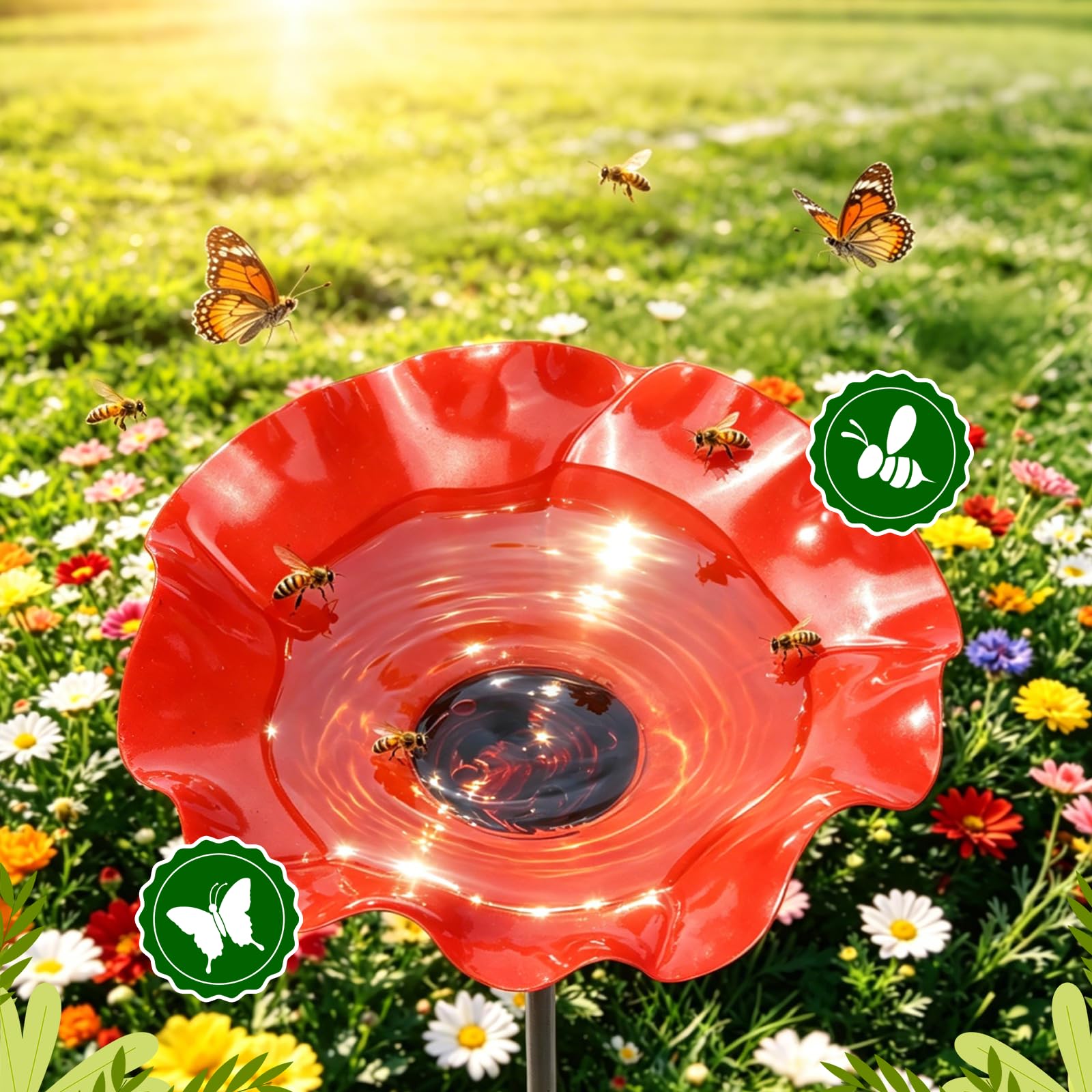 Bain d‘Oiseaux sur Tige en Métal, Abreuvoir à Oiseaux en Forme de Fleur – Fontaine pour Oiseaux Extérieur avec Point d’Eau pour Abeilles – Décor de Jardin Métal Fleur – Hauteur 65 cm
