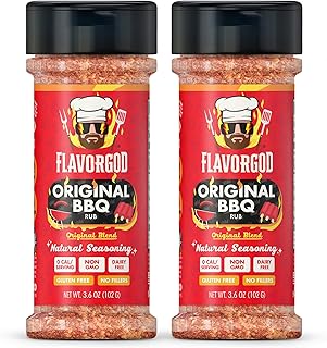 Flavor God 2 Bottles Original BBQ Rub Mix, Natural Healthy Spice Blend For Grilling Chicken, Wings, Beef, Pork, Bacon, Eggs, Seafood, Vegetables, Salad, Tacos, Kosher, Gluten & Dairy Free Steak