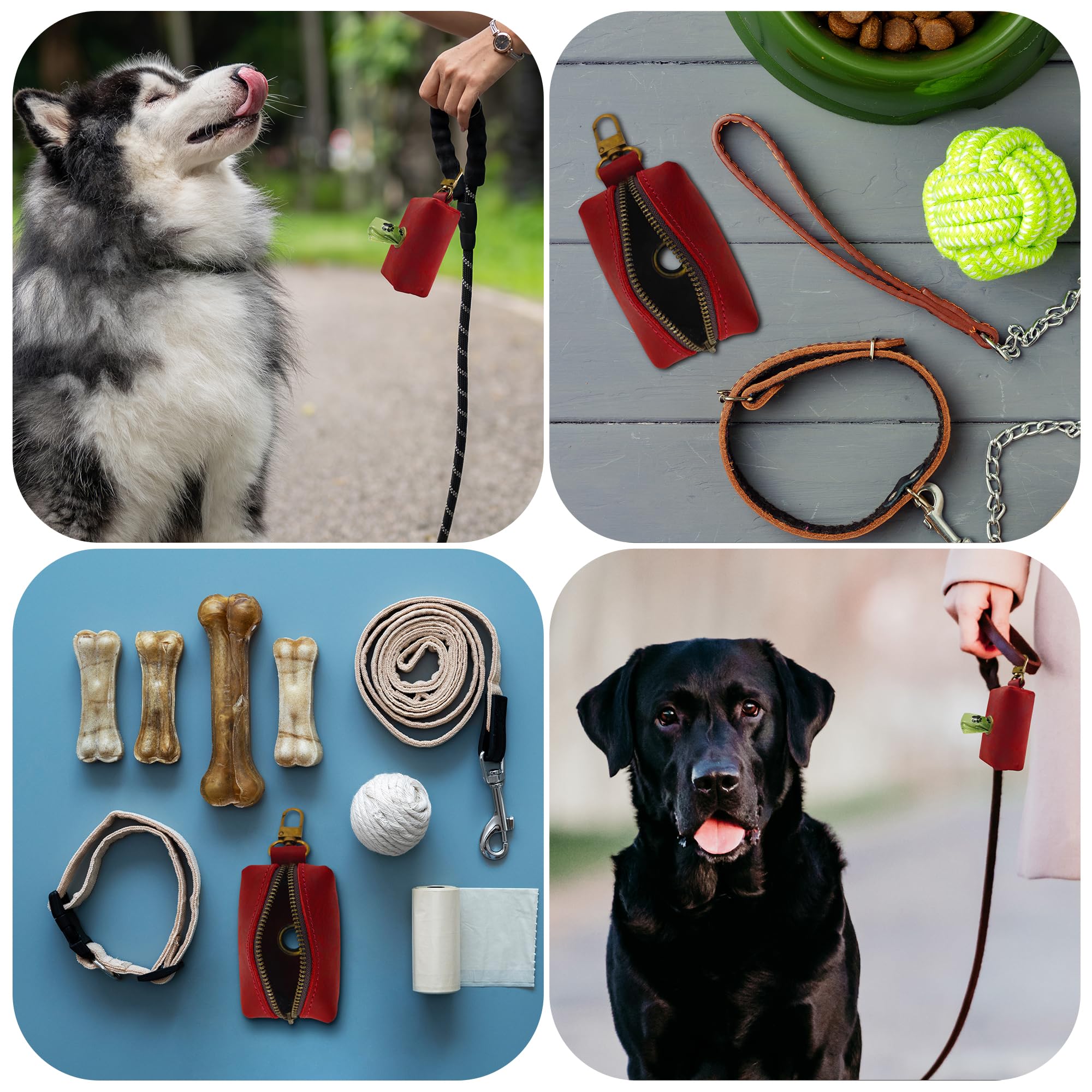 HIFA Soporte de piel auténtica para bolsas de excrementos de perro, soportes para bolsas de excrementos para correas, cuero rústico suave al tacto, clips de metal y fácil acceso a bolsas de basura de