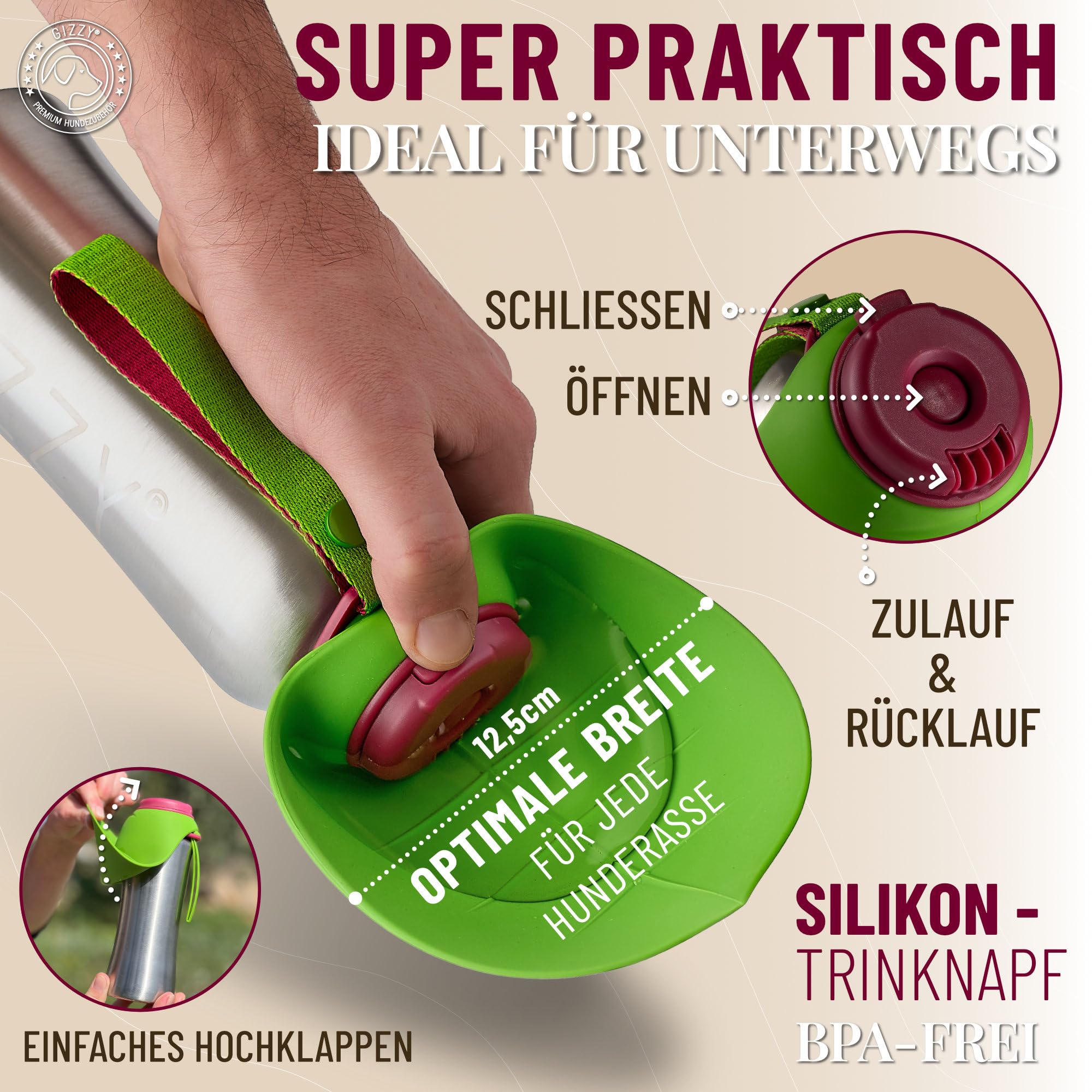 GIZZY® Trinkflasche Hunde für unterwegs - auslaufsicher & robust aus Edelstahl, in 2 Größen inkl. weichem Hundehandtuch | Trinkflasche Hund I Hundetrinkflasche für unterwegs für alle Hunde