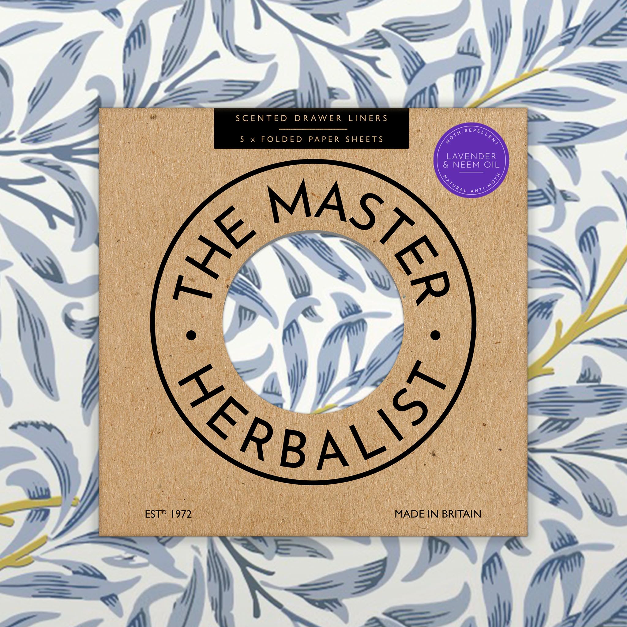 The Master Herbalist Fragrant Lavender & Neem Oil Scented Drawer Liners in a Blue William Morris Design (Folded) | Anti-Moth Repellent | Pack of 5 Sheets | Contains Essential Oils | Made in The UK