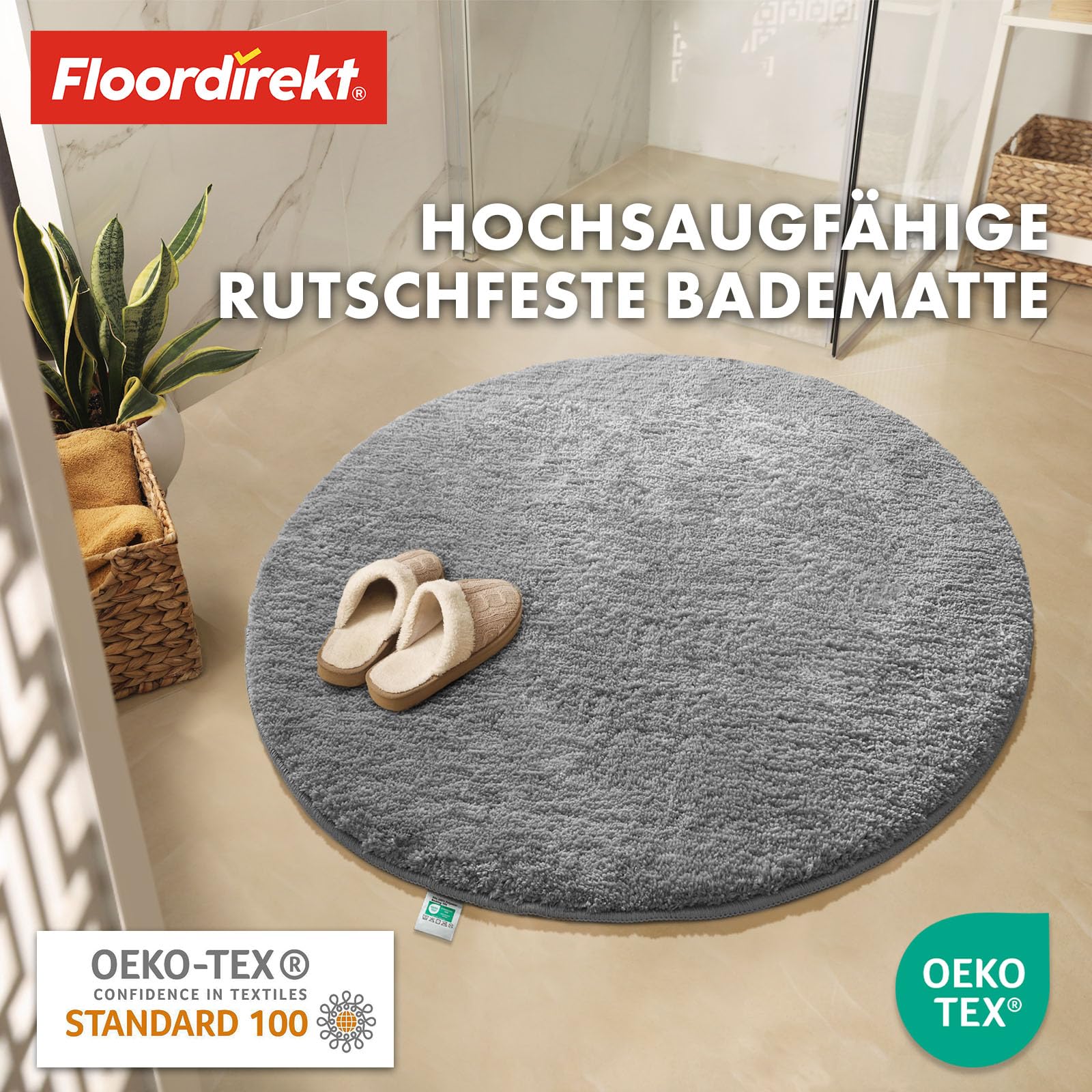 Floordirekt Badematte Sky, Badteppich in Rund, Dichtes, Flauschiges Wohlgefühl für Ihr Zuhause, Badvorleger rutschfest waschbar, schadstoffgeprüft (Silbergrau, 120 cm (Rund))