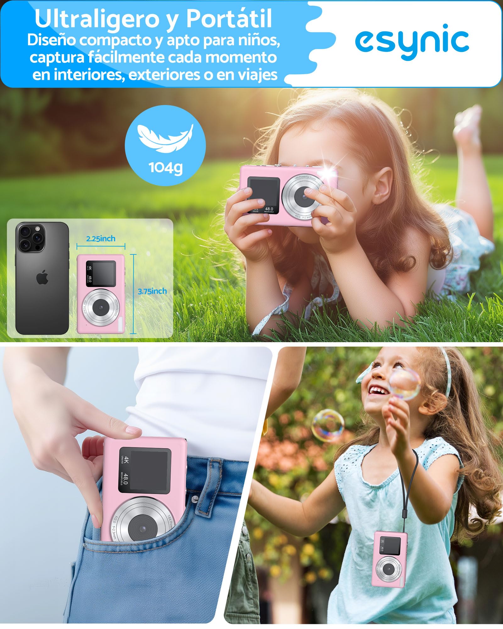 eSynic Cámara Fotos Infantil 4K 48MP con Tarjeta SD 32G, Zoom Digital 18X, Pantalla Dual para Selfies, Cámara Digital Compacta y Portátil para Niños y Principiantes, Ideal para Vlogging y Fotos
