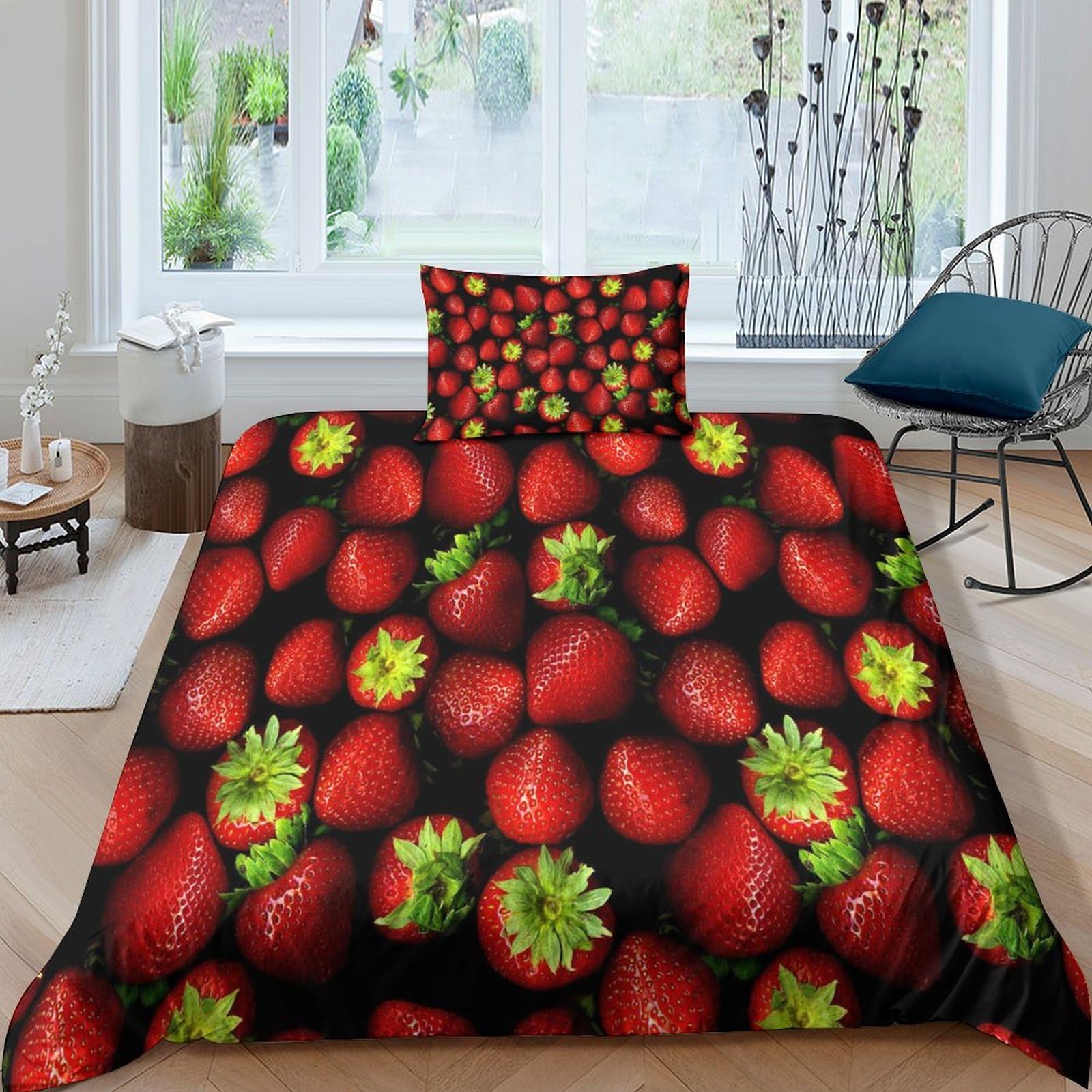 Housse de couette fraise rouge 3D 135x200cm avec taies lit 1 place