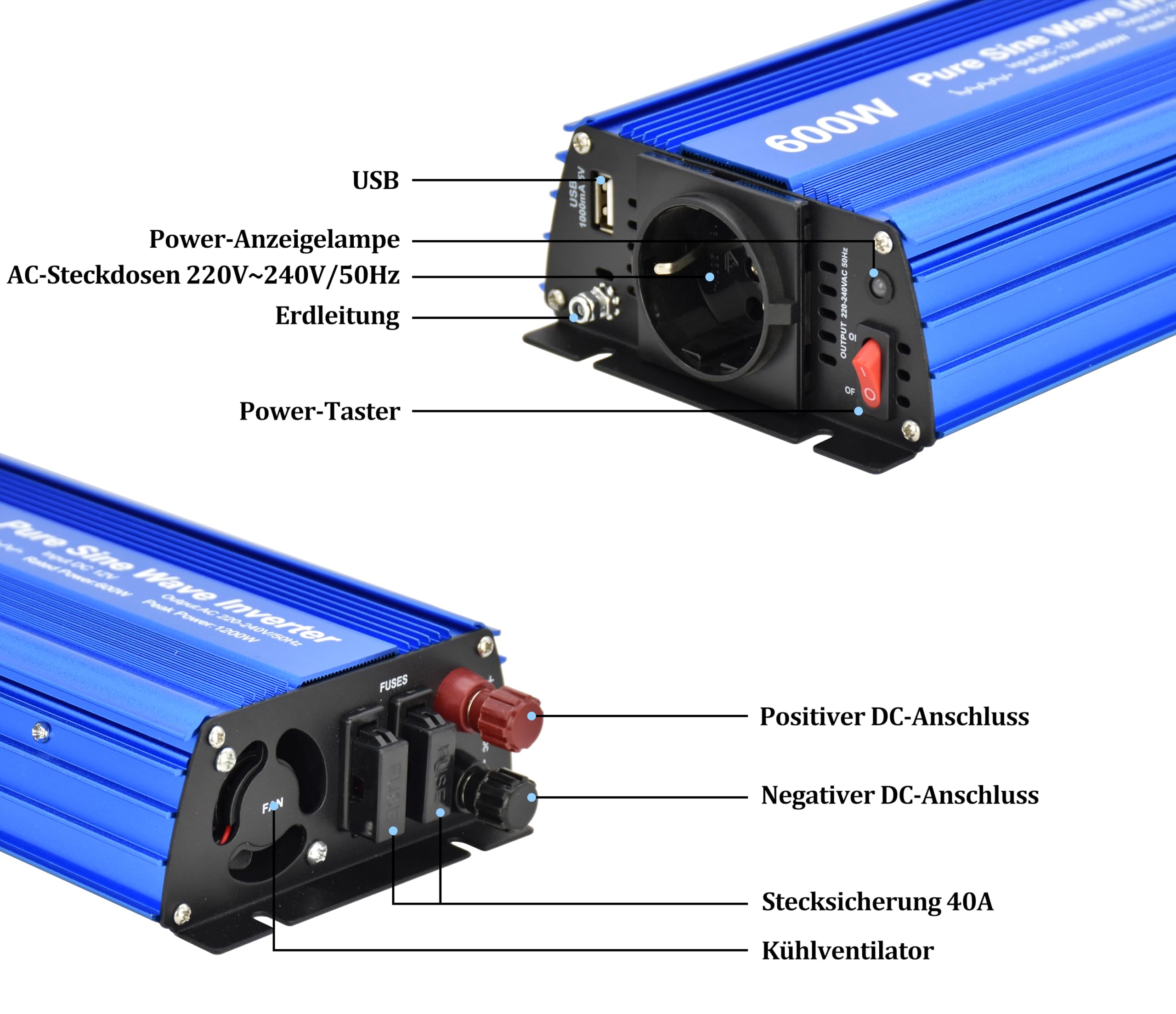 Inversor de onda sinusoidal pura de 600 vatios con enchufes alemanes, salida USB DC 5 V 2 A (600 W)