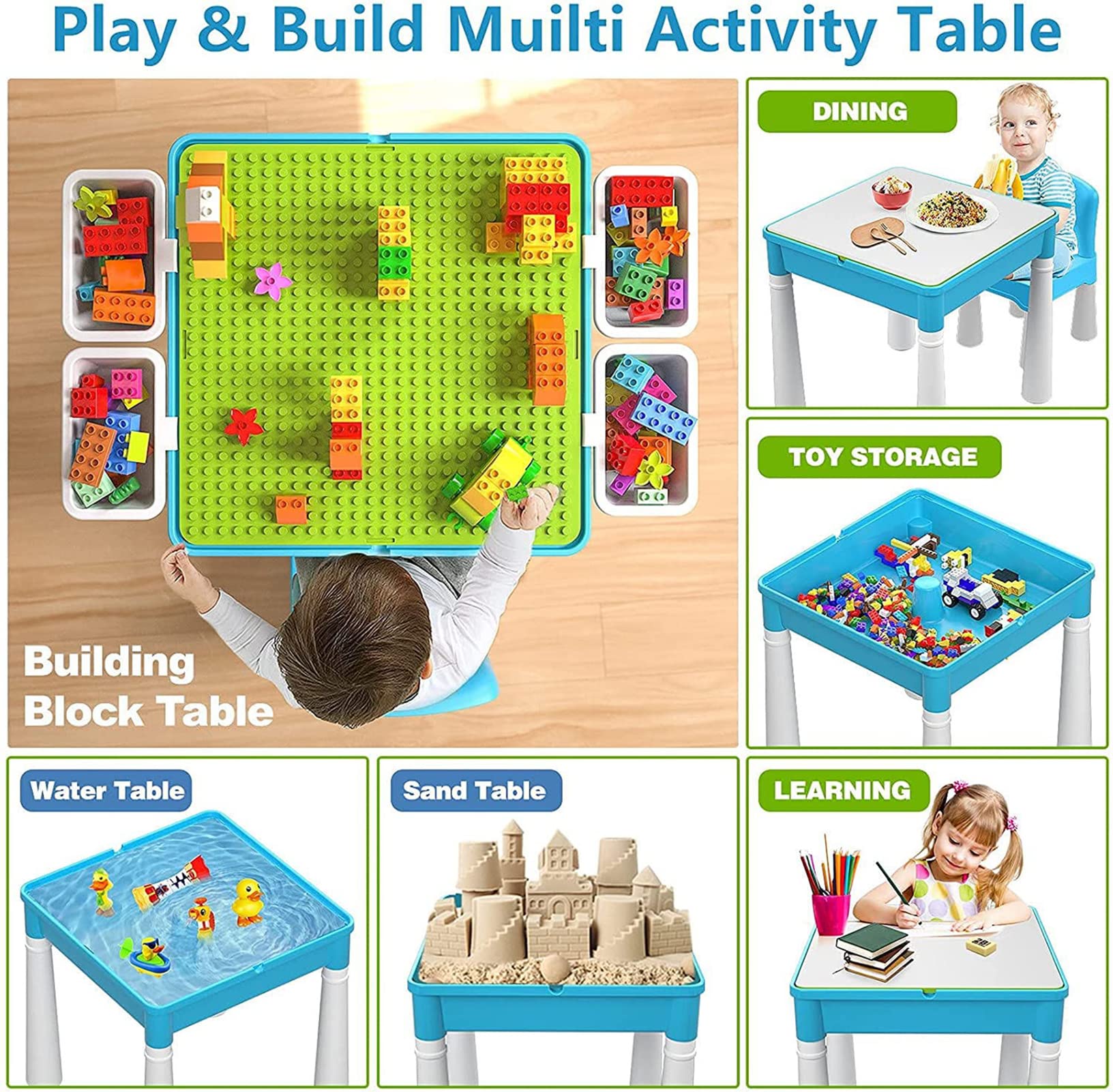 Burgkidz Ensemble de Table 5-en-1 128 Pièces Blocs de Construction Compatibles avec Chaise et Table Rangement Bleu