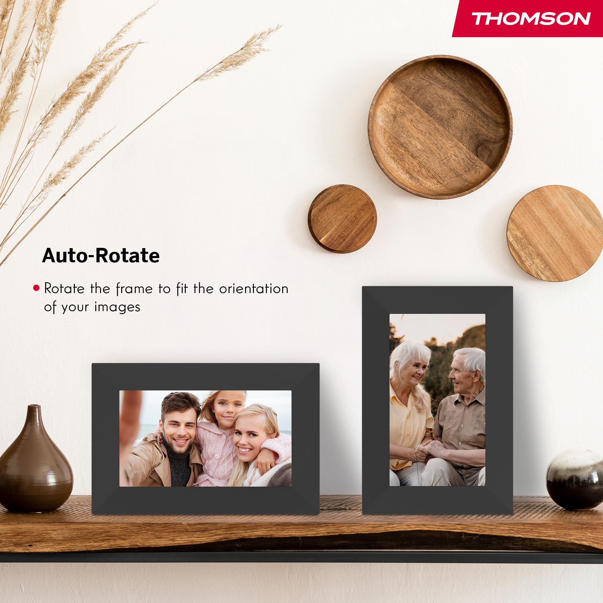 Thomson Digitaler Bilderrahmen 7 Zoll, IPS-Bildschirm, HD-Touchscreen, WLAN, Direktes Teilen über iOS/Android App, Smart-Funktionen, Elektronischer Fotorahmen mit 32 GB Speicher, Automatische Drehung