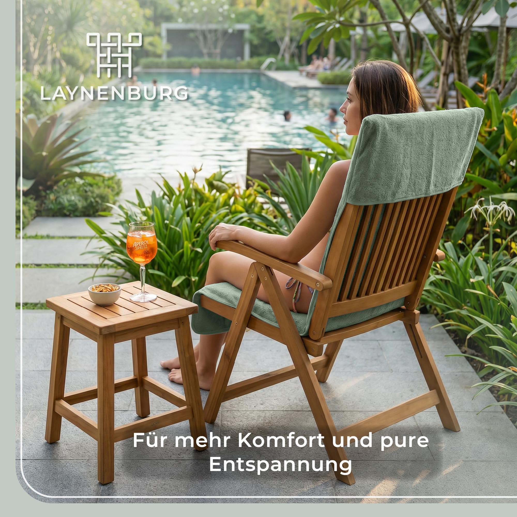 LAYNENBURG Premium Frottee Schonbezug für Gartenstuhl - 100% Baumwolle - Oeko-TEX 100 - Handtuch-Bezug Hochlehner - Stuhl-Bezug mit Umschlag für Camping-, Liege-Stuhl (65x130 cm grün)