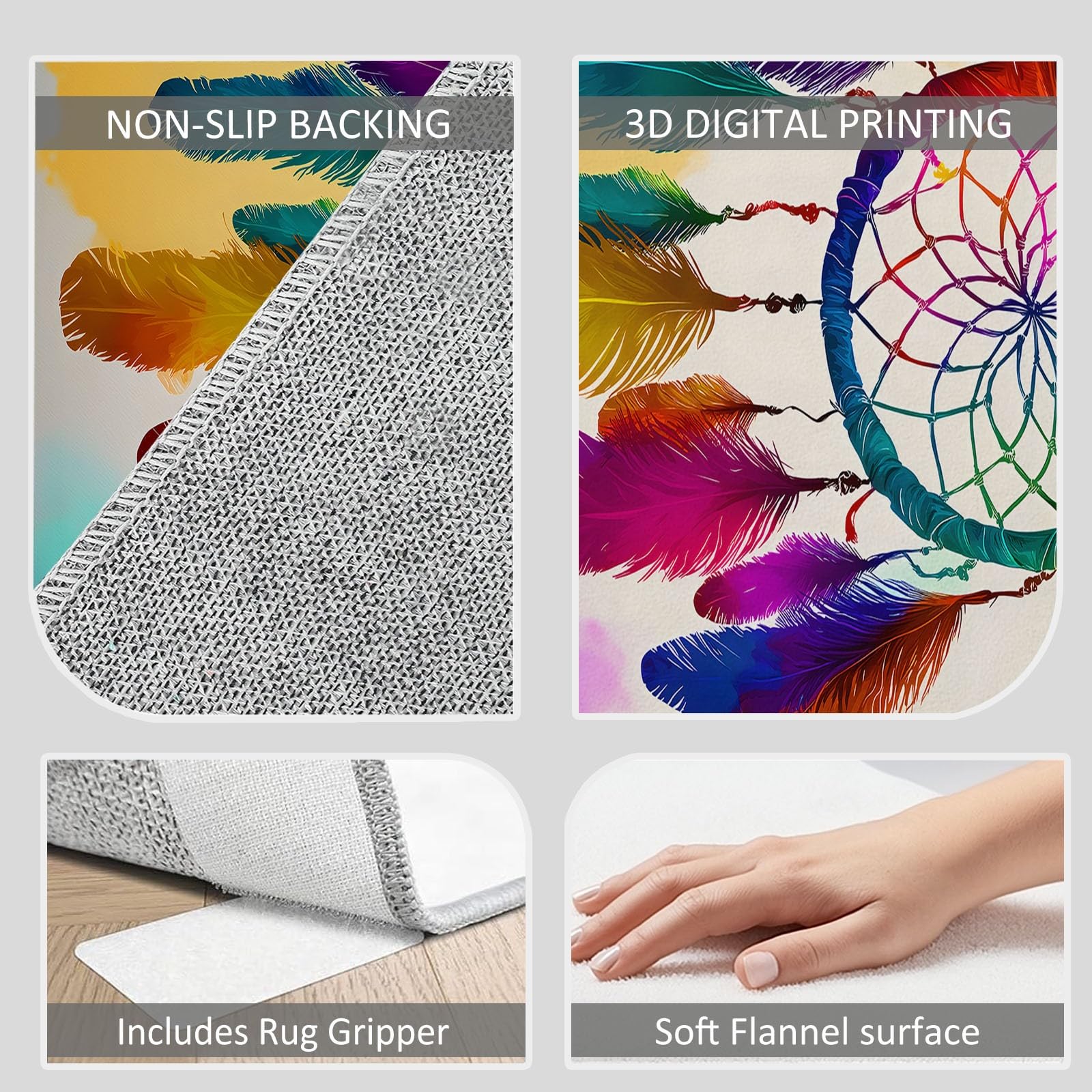 Waschbarer Wohnzimmer Teppich 80 x 150 cm, Traumhafter Kurzflor Teppich Schlafzimmer - Traumfänger Regenbogenfarben Federn Weicher Teppichläufer mit Rutschfester Rückseite für Esszimmer Büro