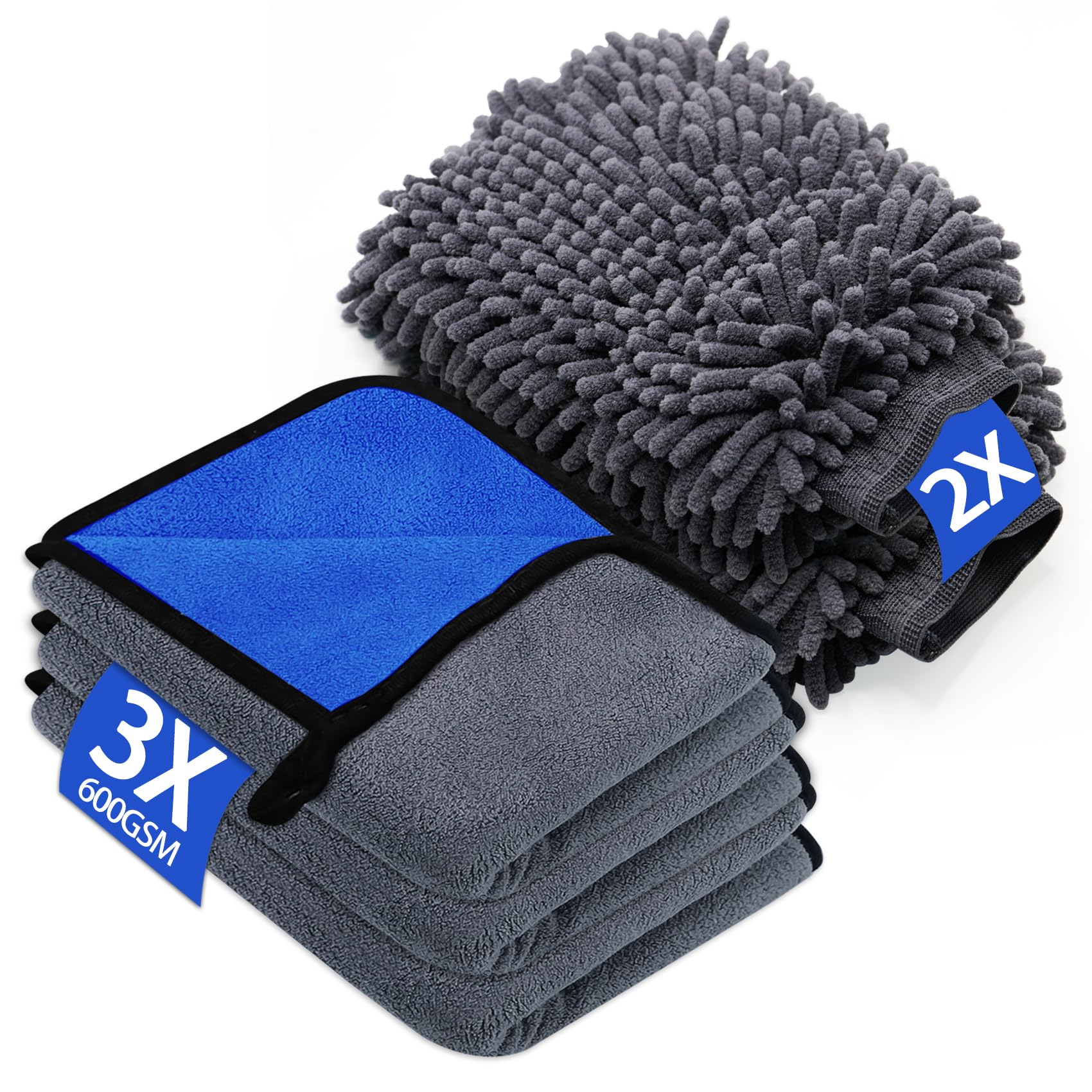 KALBIGRO Kit Pulizia Auto con 3 Pezzi Panno Microfibra Auto e 2 Pezzi Guanto Lavaggio Auto, 600 GSM Panno in Microfibra per Auto Super Assorbenti, Senza Graffi per Cura Auto Moto (40 x 30 cm) - 1