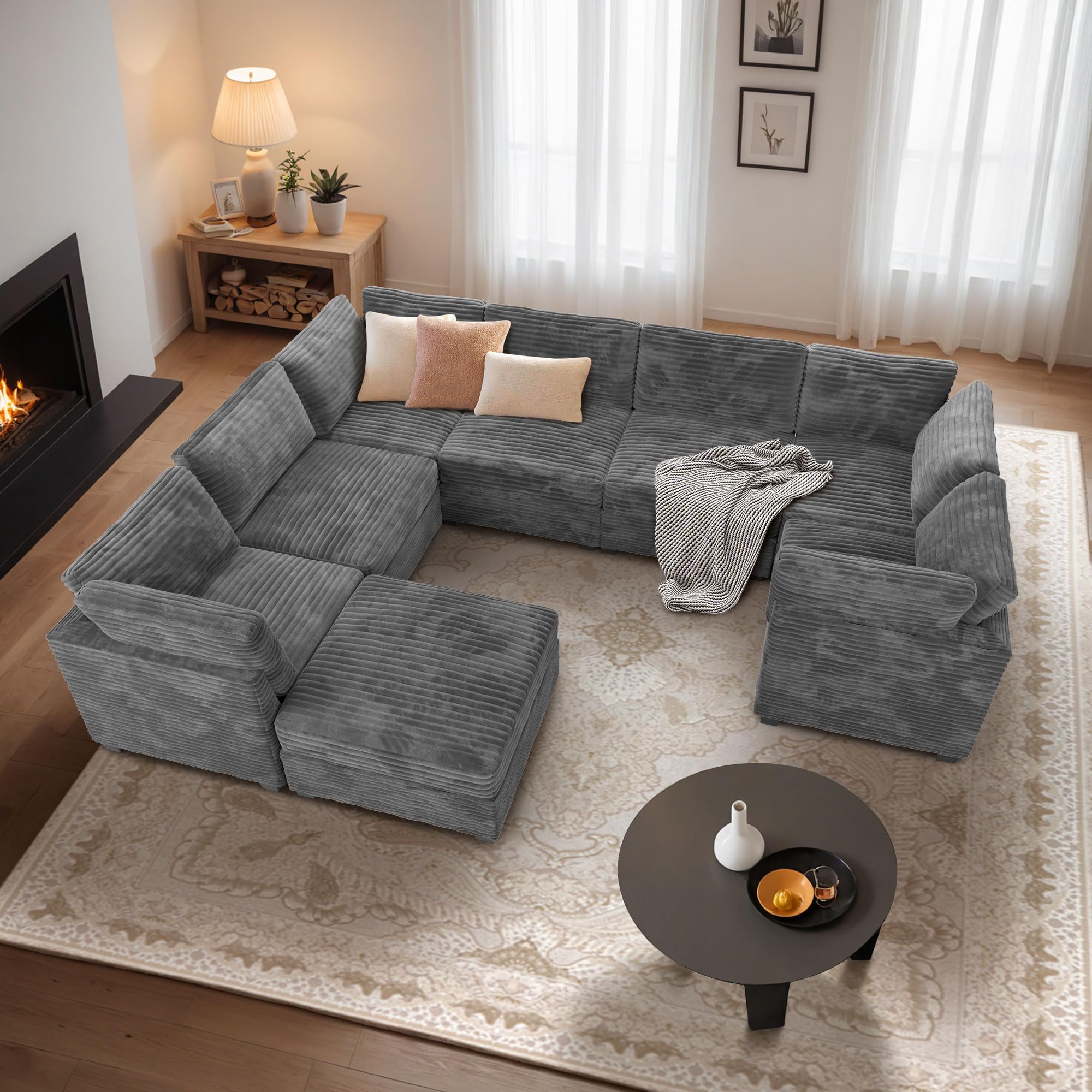 CAODOC Large 8 Seat Modular Sectional Sofa with Ottoman Seat Corduroy Sleeper Sectional Sofa Bed Oversized Convertible Modular Couch for Living Room