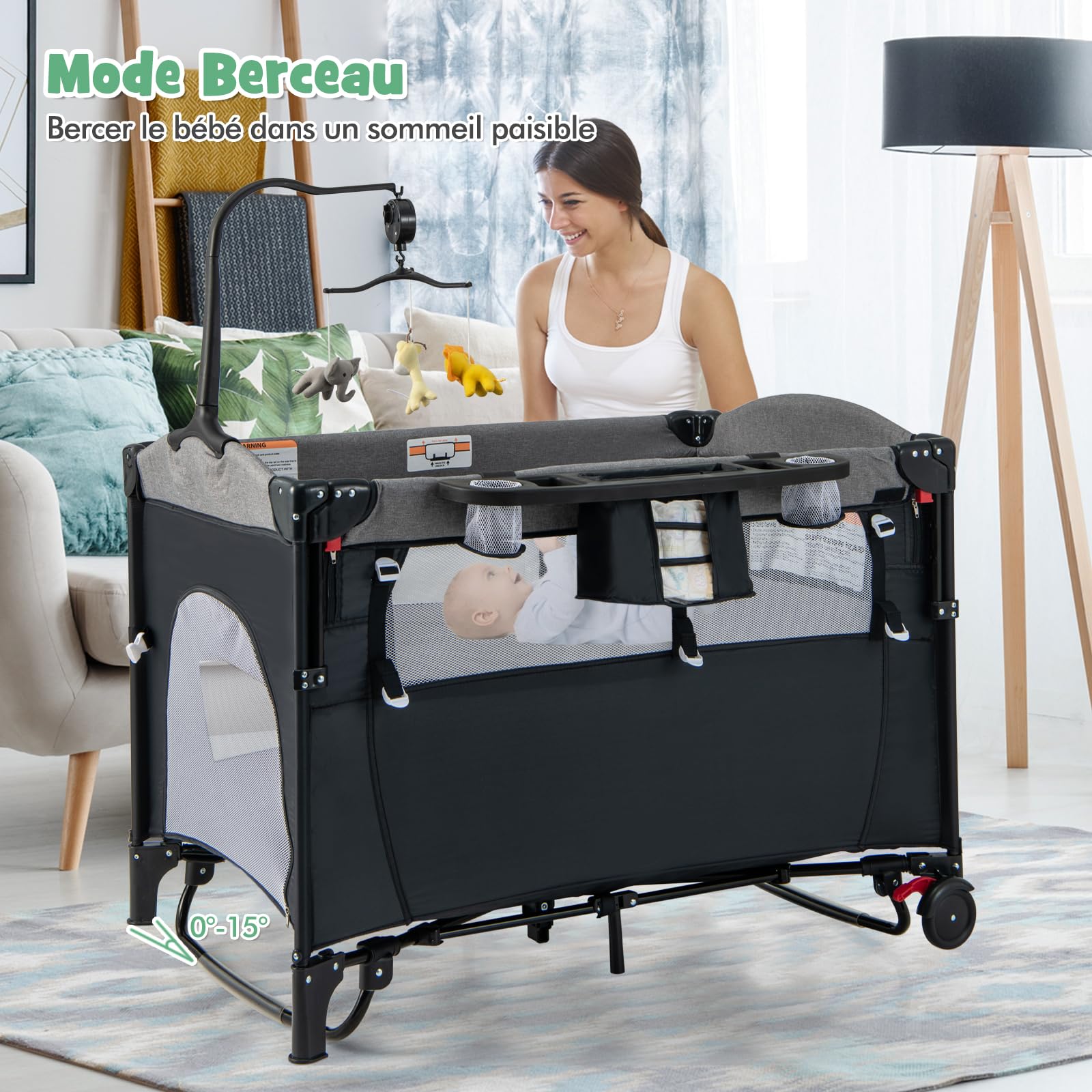 DREAMADE 5 en 1 Lit Parapluie Bébé 125x65x78CM avec Matelas,Lit Cododo Tout-Petites 0-3 Ans avec Hauteur Réglable,Boîte à Musique,Roues avec Freins,Table à Langer,Porte-Couches,Jouets (Nouveau, Noir)