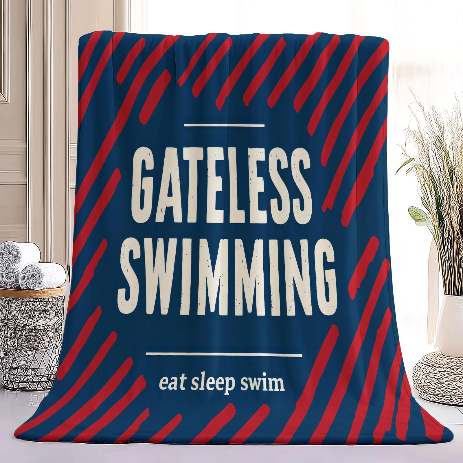 Générique Couverture en Flanelle Bleu Rouge - Couverture Polaire Douce pour Canapé & Camping - Imprimé Minimaliste Rayures Lettre - Couvertures de canapé pour Adolescents et Adultes, 150x200 cm