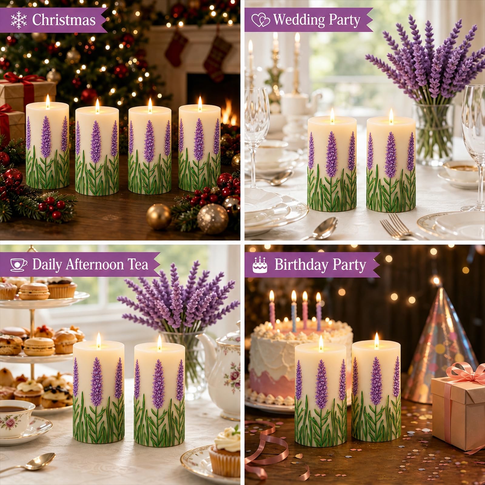 Lot de 2 bougies en forme de tulipe à LED sans flamme avec télécommande et minuteur - En cire véritable - Fonctionne à piles - Pour maison, fête de mariage, vacances - Lavande violette