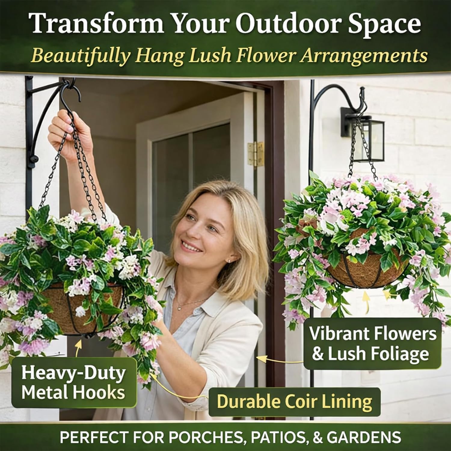 15" Faux Crepe Myrtle Hanging Baskets – Set of 2, UV Resistant Lifelike Artificial Flowers, Rainproof and Fade-Resistant Preserved - Never Wither or Fall (White-2pcs)