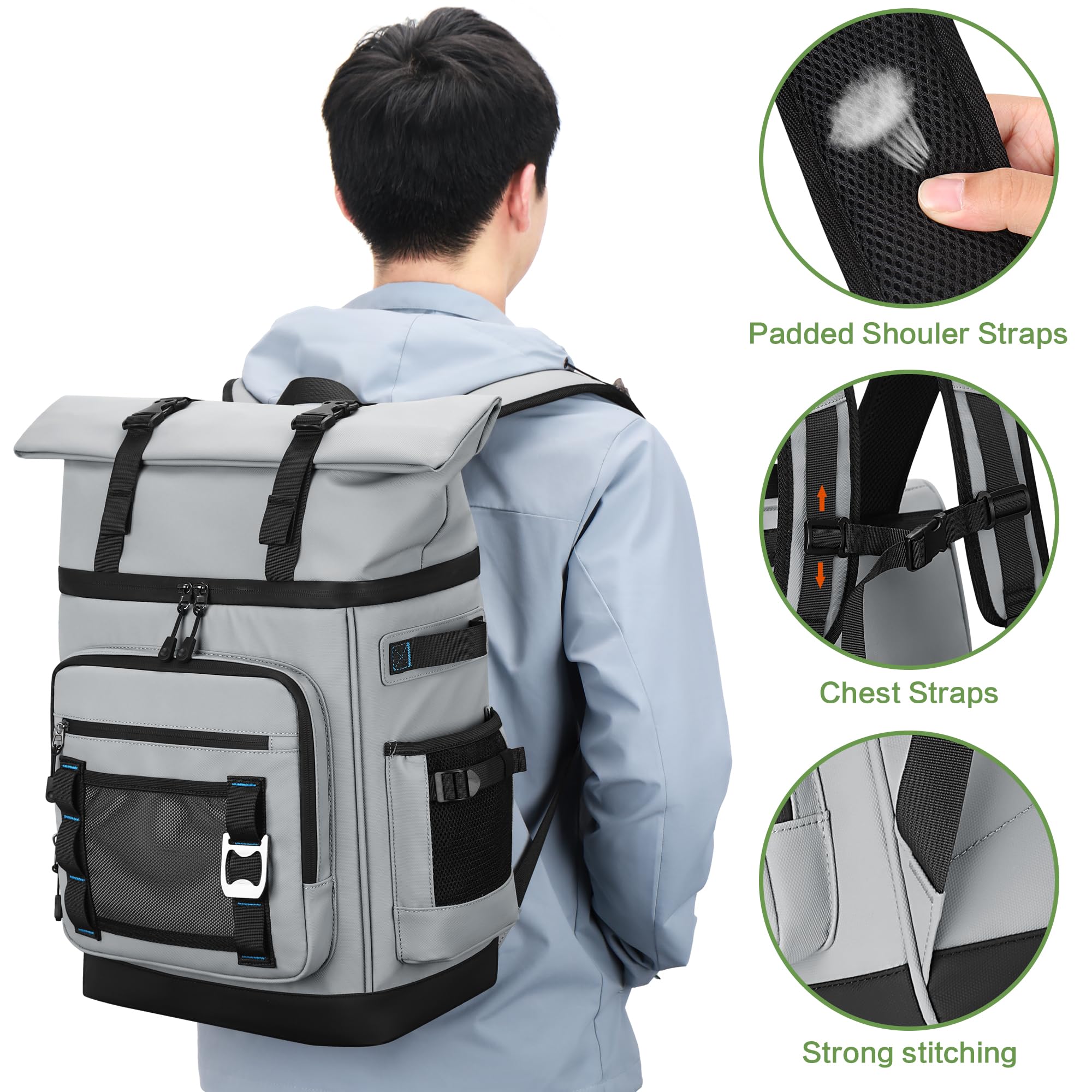 Kühlrucksack Isoliert Auslaufsicher, Großer Erweiterbarer Wasserdichter Kühltasche Rucksack Thermischer Picknickrucksack für Herren & Damen