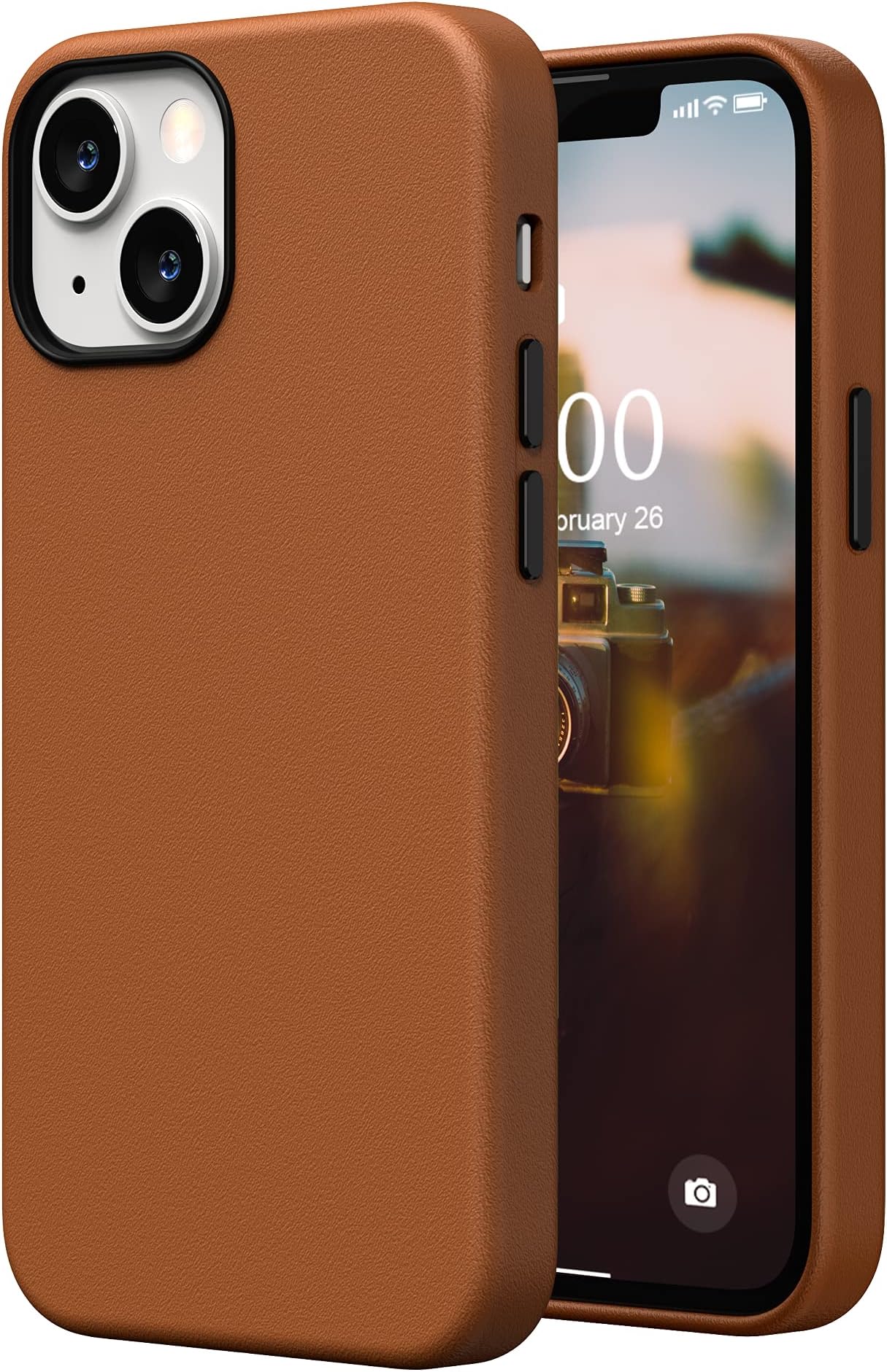 Porter Riley - Lederen hoes voor iPhone 13 Mini (5,4 inch). Premium echt lederen standaard/hoes/portemonnee/flip case met [kaartsleuven] [horizontale standaard] [duurzaam frame] (tan