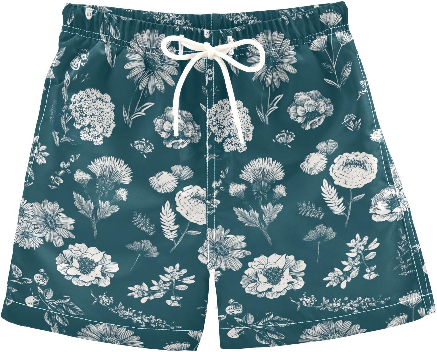 Boccsty Blue Botanical White Floral Flowers Boys Swim Trunks Baby Kids Swimwear Summer Toddler Beach Board Shorts 2T