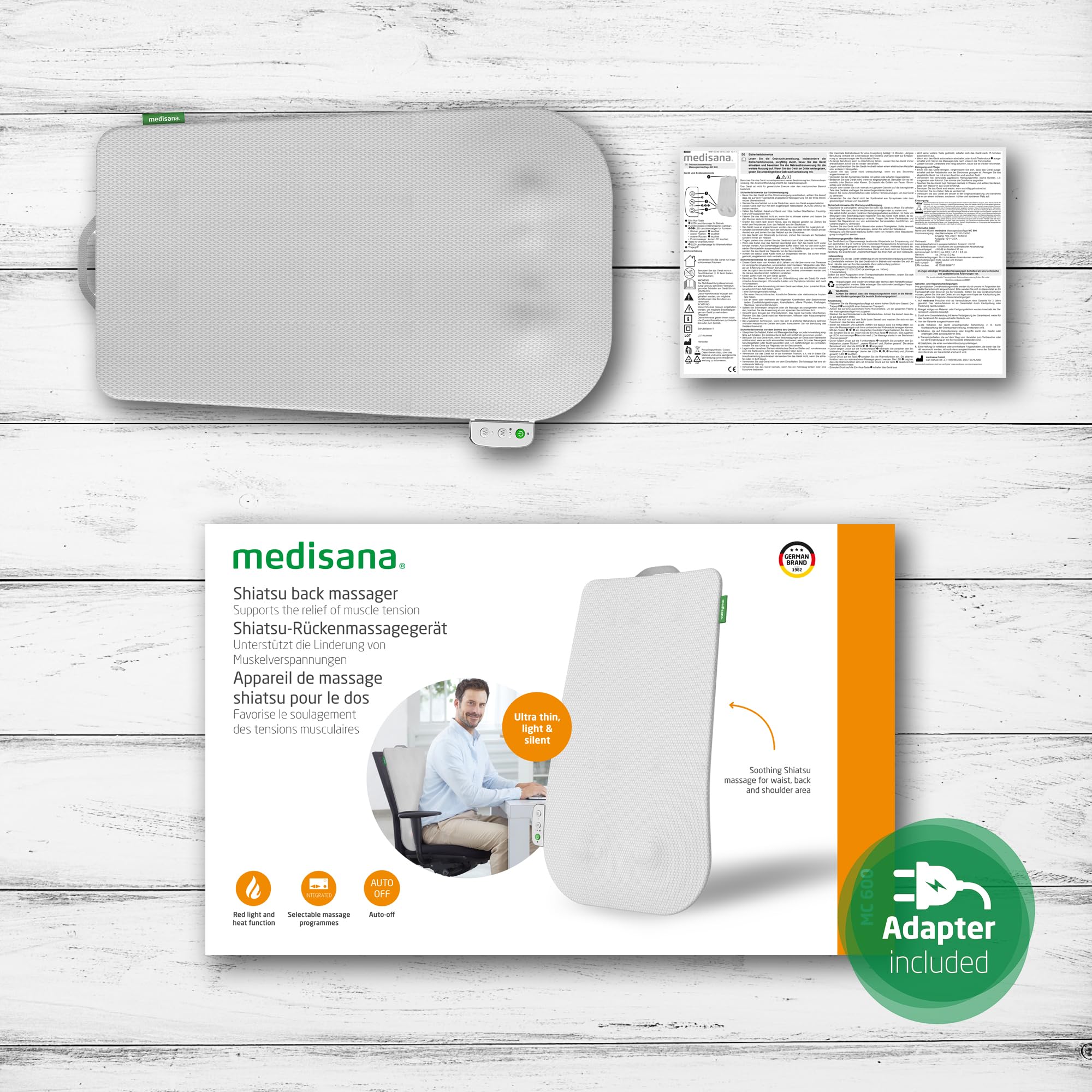 Schienale massaggiante - MEDISANA - MC 600 - Ultrasottile - Shiatsu e riscaldamento - 4 programmi - Bianco