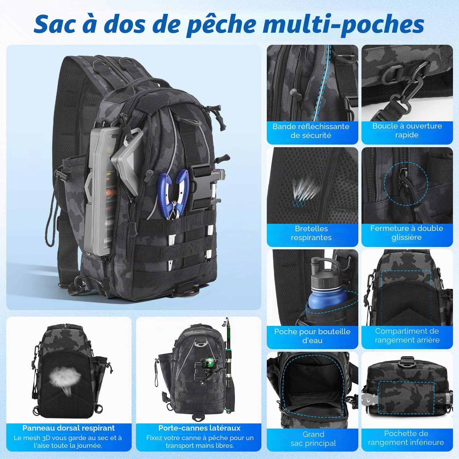 Kit de pêche complet de 209 pièces, sac à dos de pêche étanche de 40 l avec boîtes, pince à pêche, extracteur d'hameçons pour la pêche, le camping, la randonnée, la pêche, les boîtes à appâts