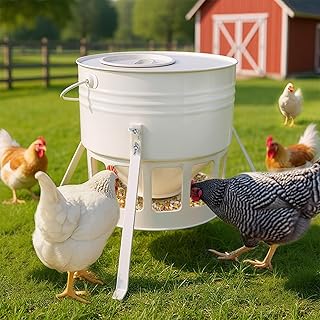 KOL Metal Chicken Feeder - 20lbs No Waste Chicken Feeder with 12 Ports, Powder Coated Rust-Proof Design & Smooth Edges for Safe Feeding (Jade White)