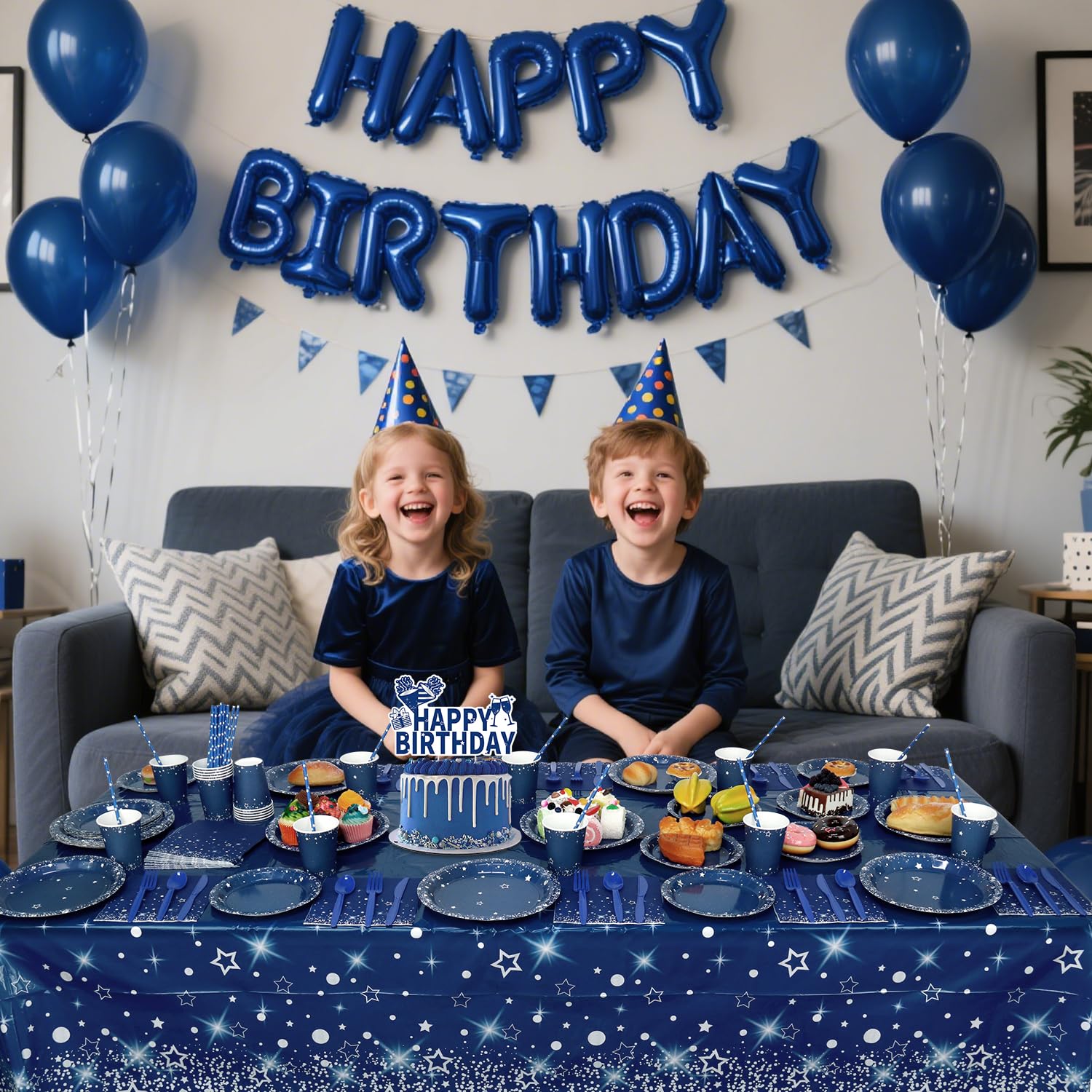 Decorazioni per feste di compleanno, blu navy e argento, per feste, include piatti, bicchieri, tovaglioli, tovaglie, cannucce, 20 pezzi