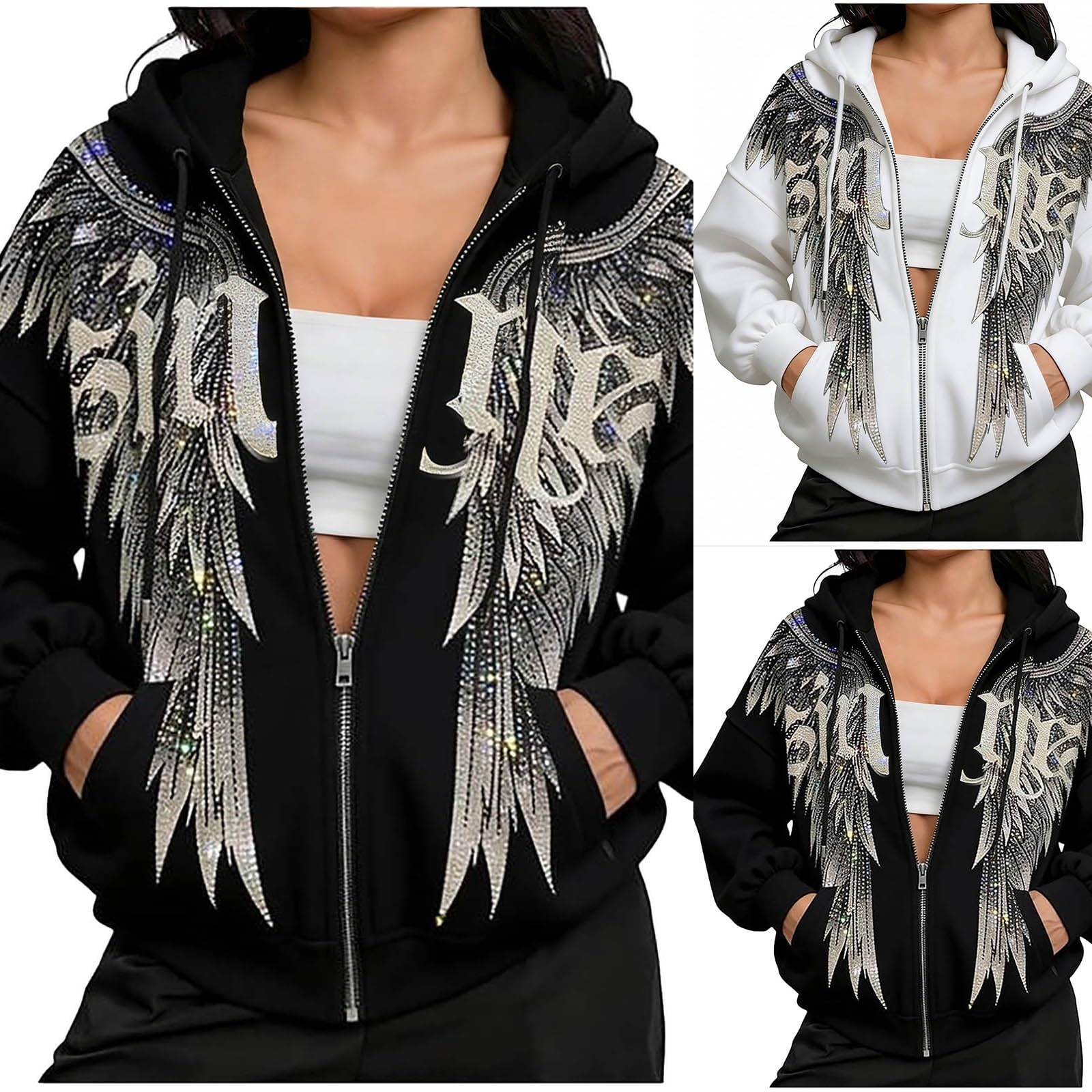 Felpa da donna slim fit, con cappuccio, classica, a maniche lunghe, con cappuccio, invernale, con motivo ali d'angelo, con cappuccio, caldo, elegante, maglione Y2K, stampa con ali