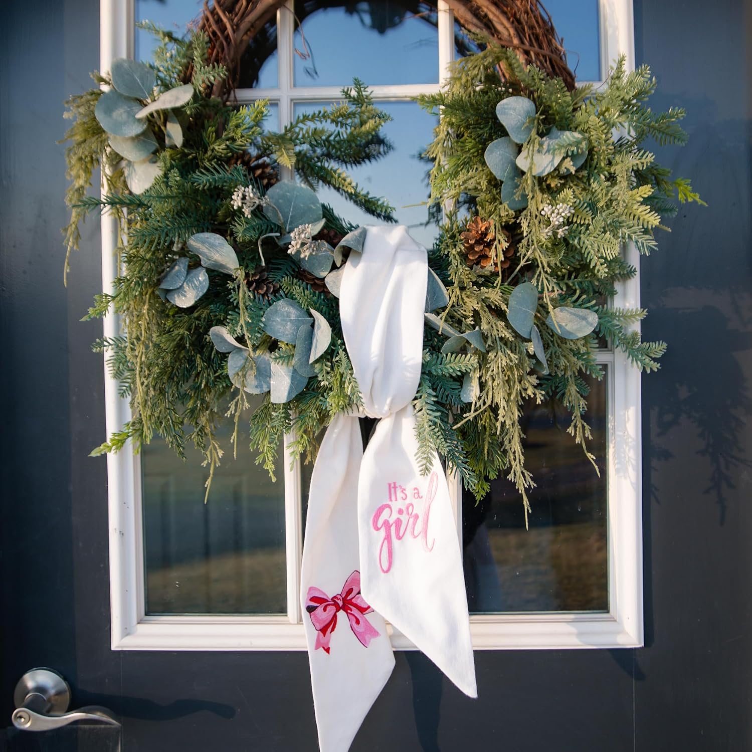 Wreath Sash for Front Door, It's a Girl, Newborn, Monogram and Embroidery, Quality White Linen, Baby Shower, Porch Accessories, and Boxwood Decoration - 56" L x 4.5" W, Indoor Outdoor Décor image 3