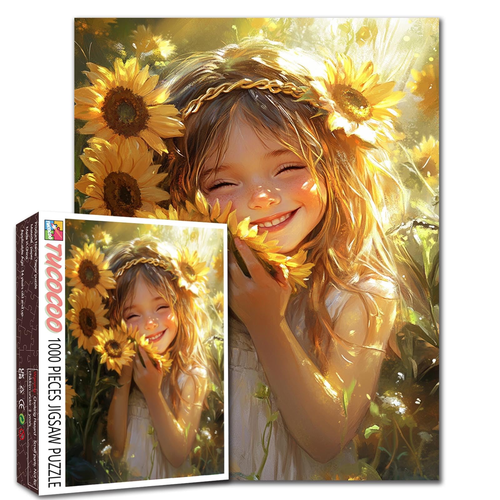 Happy Girl Puzzles for Adults,Sunflower Flower 1000 Pieces Jigsaw Puzzle Maiden Jigsaw Puzzle 20 x 27 Inch Colorful DIY Puzzles for Home Decoration Family Puzzle Perfect for Game Nights โ image 1