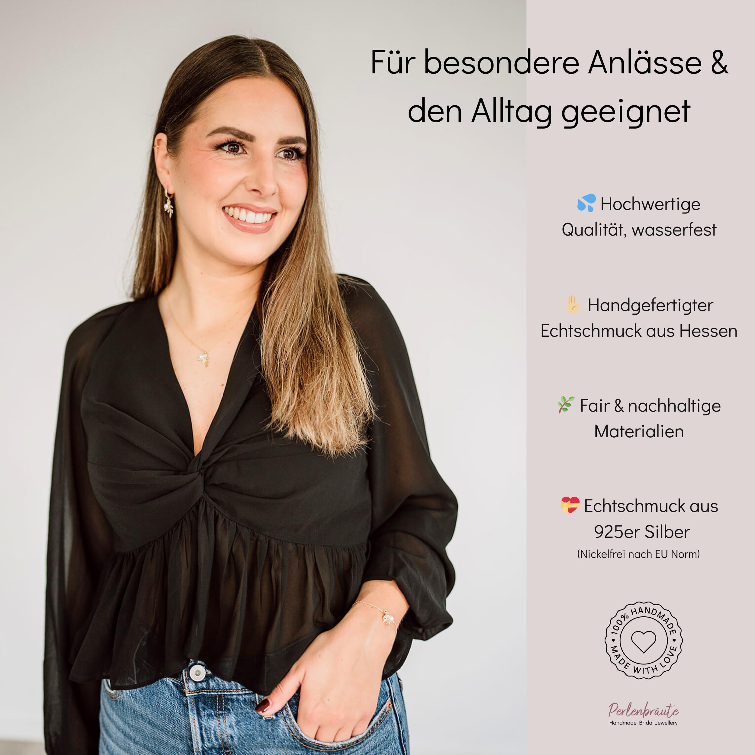 Schmuck mit Perlen Hochzeit – premium 925 Silber Schmuckset & Ohrringe Braut – hochwertiger Brautschmuck Perlen – Damen Schmuck gold Braut – Brautohrringe, Schmuckset Hochzeit Blatt