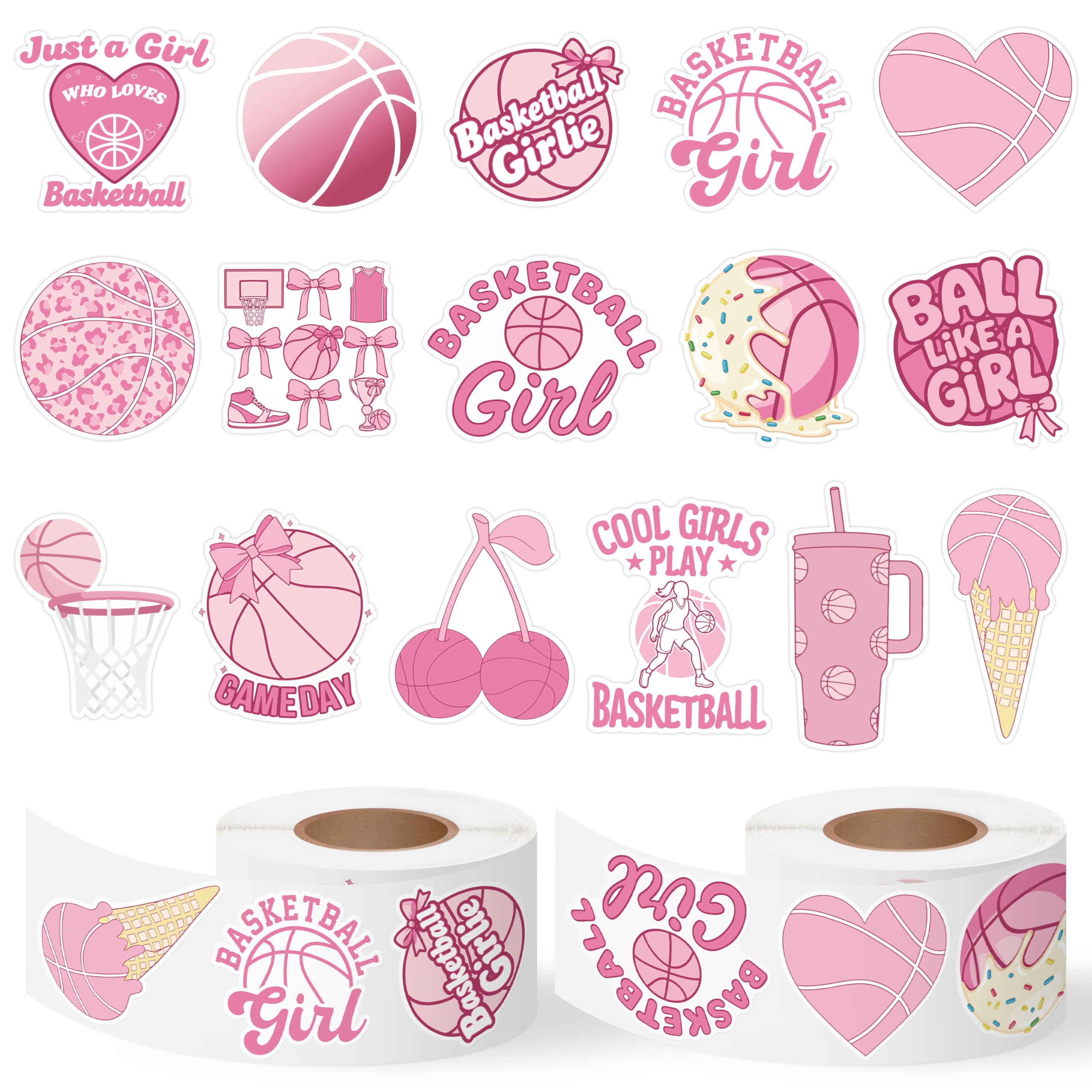 Pink Basketball Stickers Roll - 16 Design Waterproof Vinyl Self-Adhesive Decals for Laptop Water Bottle Scrapbook Notebook Phone Case Skateboard Luggage DIY Craft Party Favors Gift Supplies