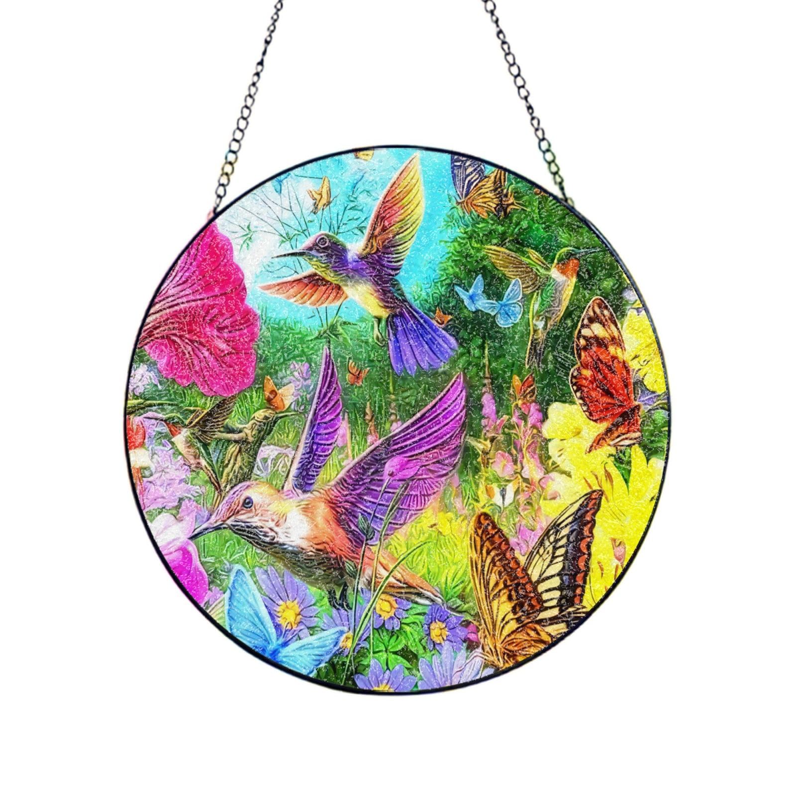Phayah Spring Floral Butterfly Hummingbird Print Glass Window Hanging Sun Catchers Suncatcher Decor For Birthday For Home Garden Porch 12in（30cm）