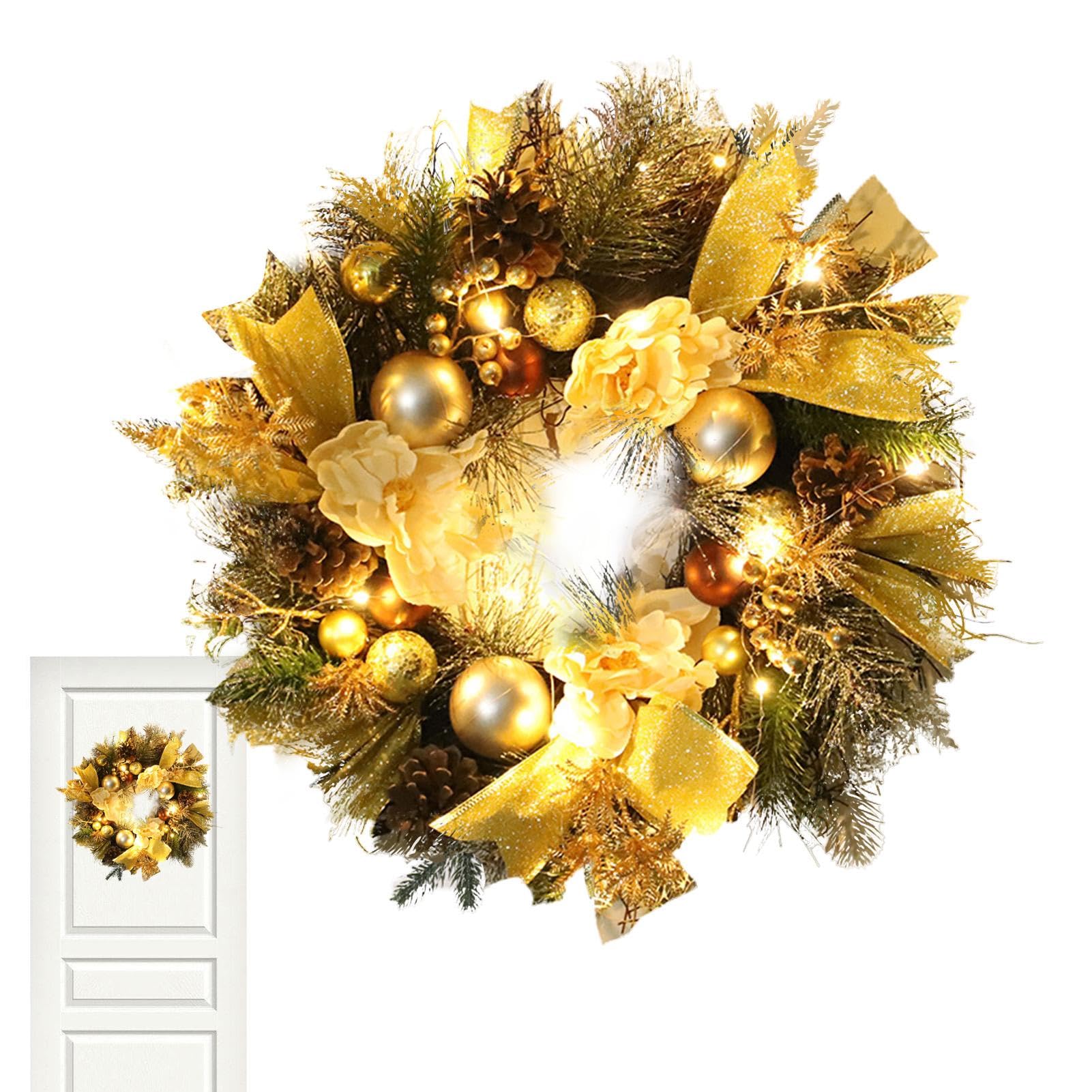 Verlichte Kerststal Kerstkrans Voor Voordeur - Met Strik, Dennenappels En Kerstversiering