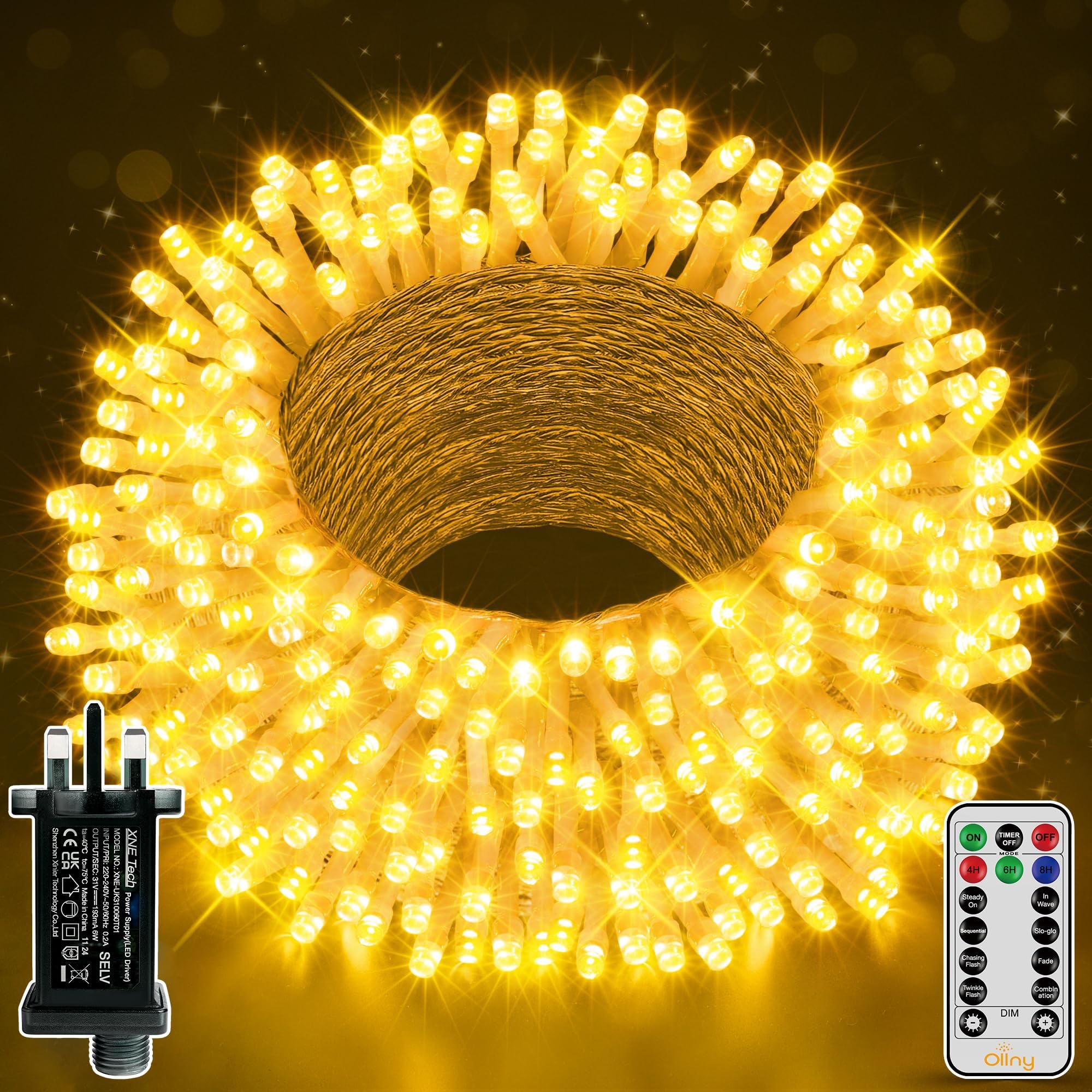 Ollny Christmas Tree Lights, 30m 300 LED Fairy Light Mains Powered, Waterproof Outdoor String Light with Remote/Plug/Modes/Timer, Bright Warm White Lighting Outside Indoor Garden Xmas Decorations
