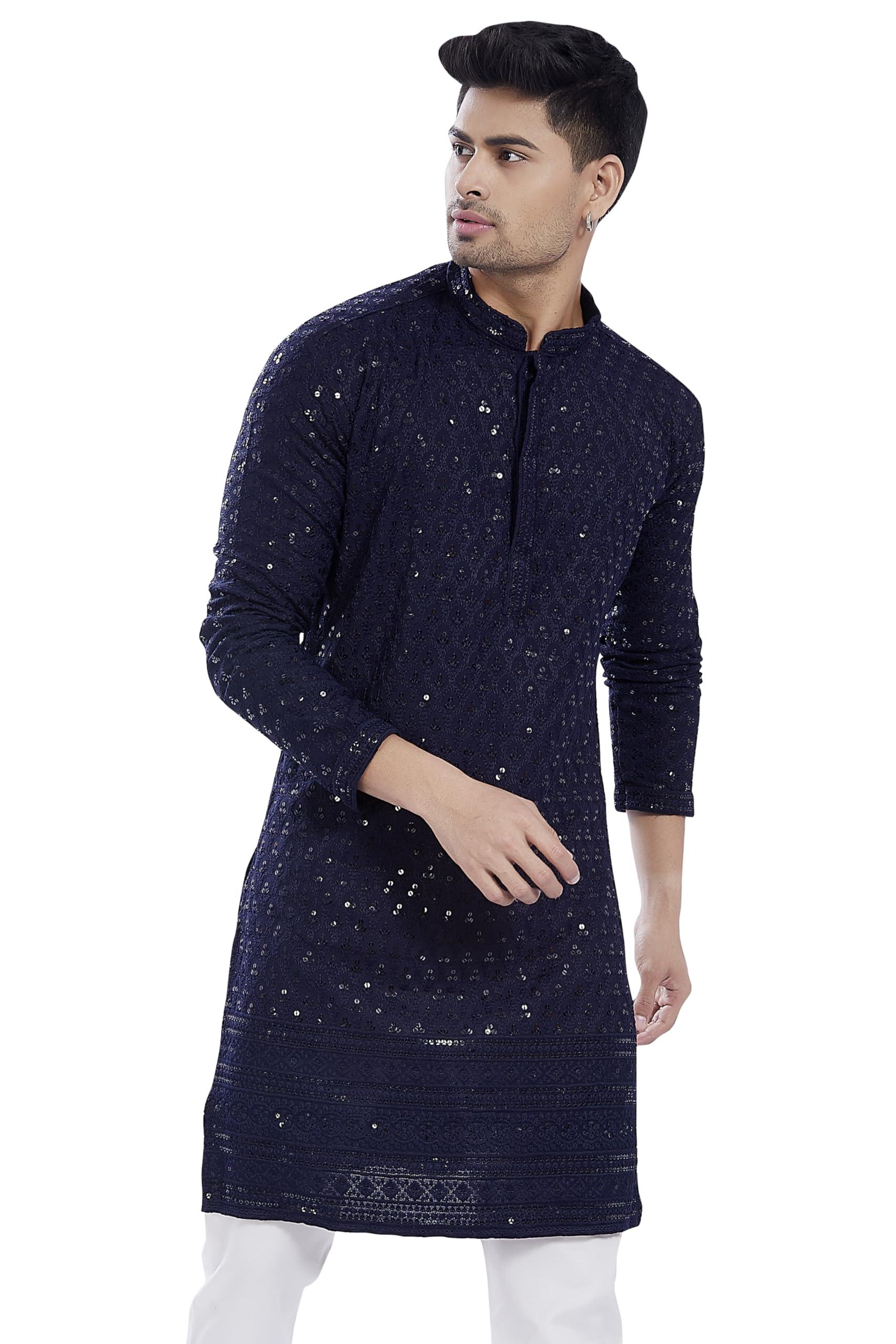 Divisive Men's Sequince Embroidered Cotton Blend Only Slim Fit Kurta (Dkrt671_Xxxl_Navy)