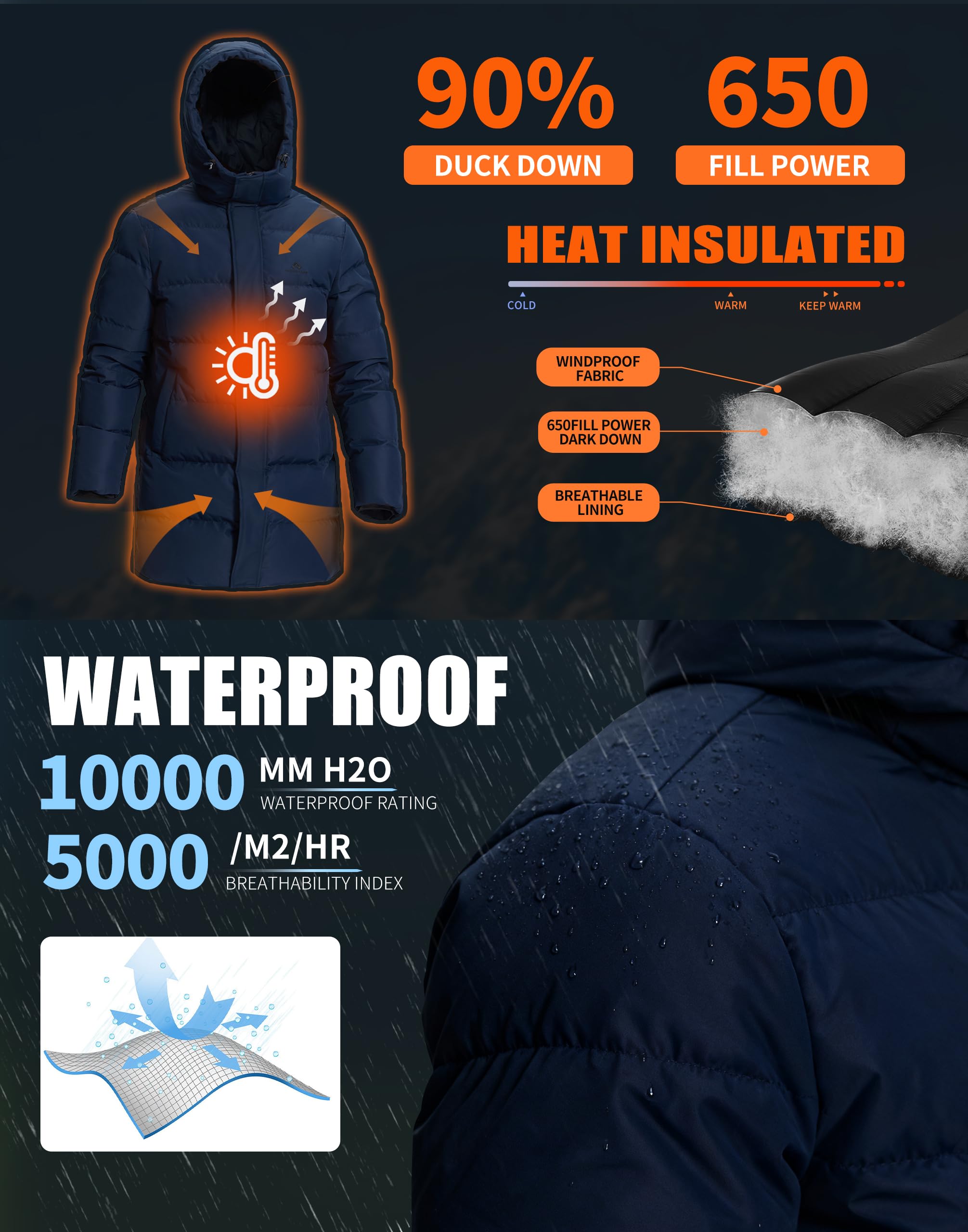 Pioneer Camp Herren Daunenjacke Lang Warme Winddicht Wasserdicht Übergangsjacke, Dick Gefüttert Winterjacke mit Taschen Parka Jacke Outdoor Puffer Jacket mit Kapuze（Navy,M