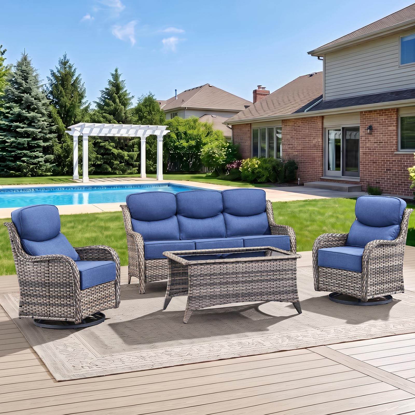 Swivel Patio Chairs sofa Set of 4 with 6" Thick Cushion - Wicker Outdoor Swivel Rocker Patio Chair ,Sofa/Glass coffee table, High Back Comfortable Outdoor Glider Chairs - Grey Wicker | Blue Cushions