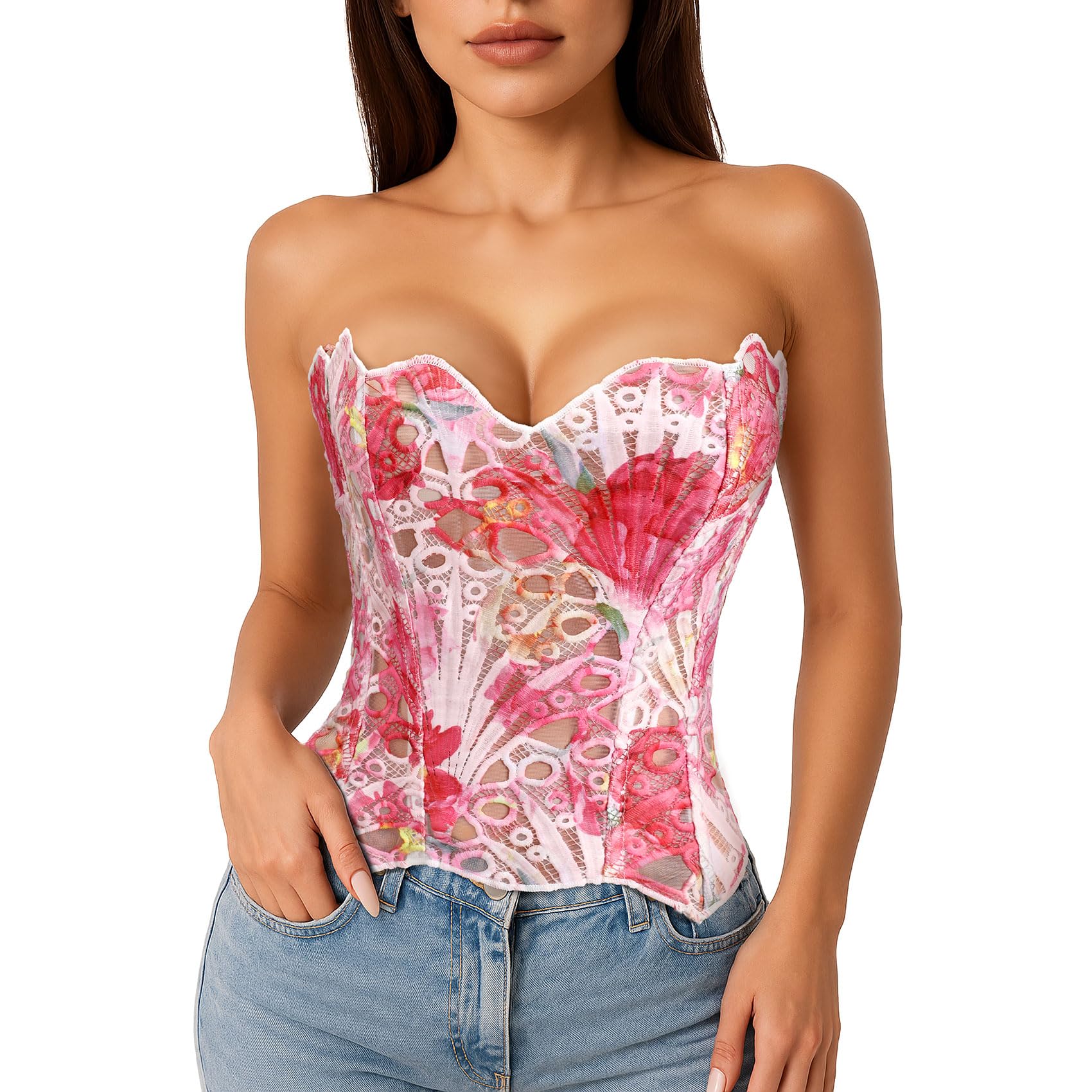 LEACOOLKEY Lacework Corset Top for Women Sexy Textured Sheer Floral Lace Bustier Going Out Lace-up Corset Overbust Top