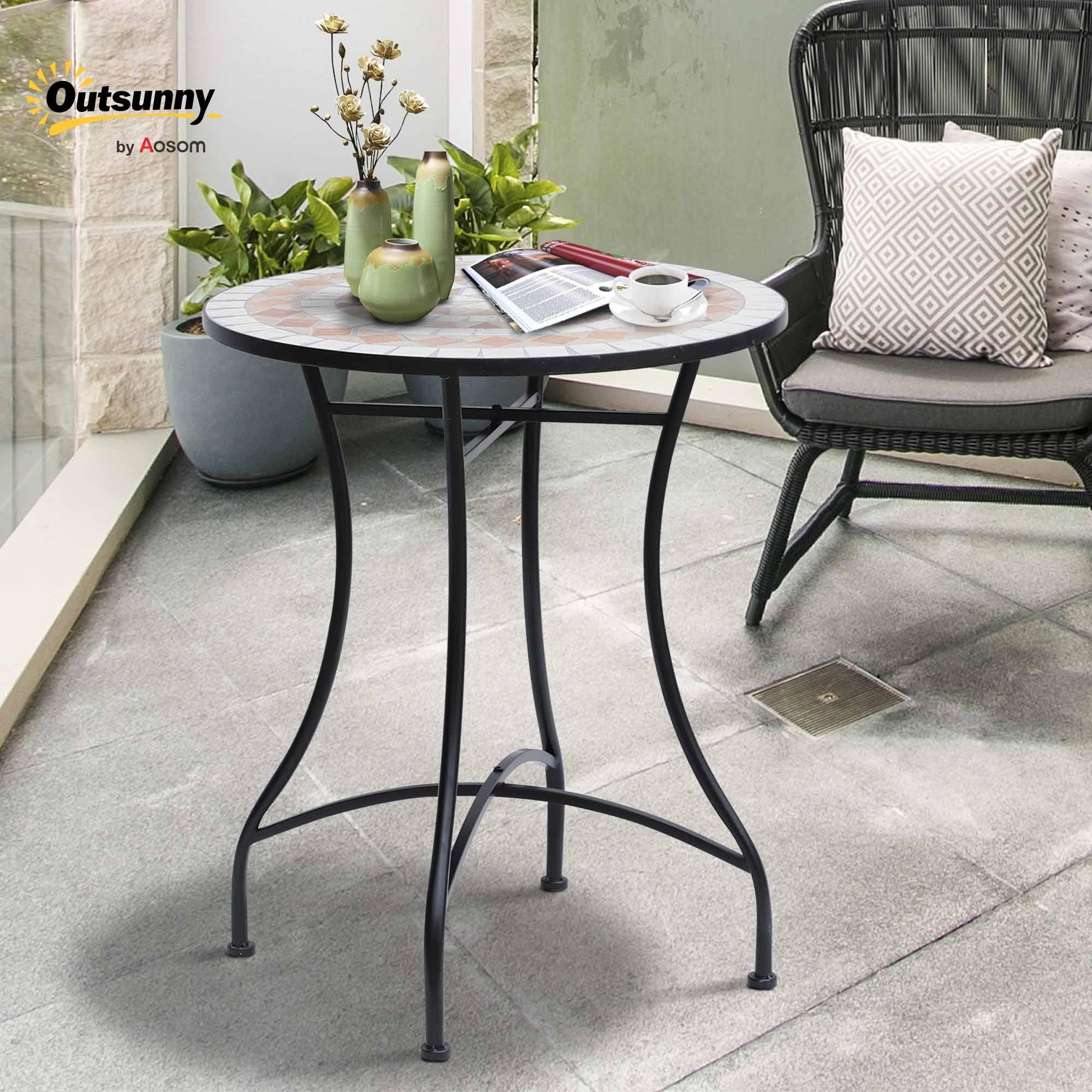 Outsunny Gartentisch Mosaiktisch Balkontisch Beistelltisch Seviertisch rund Stahl + Keramik Orange + Weiß Ø60 x H71 cm
