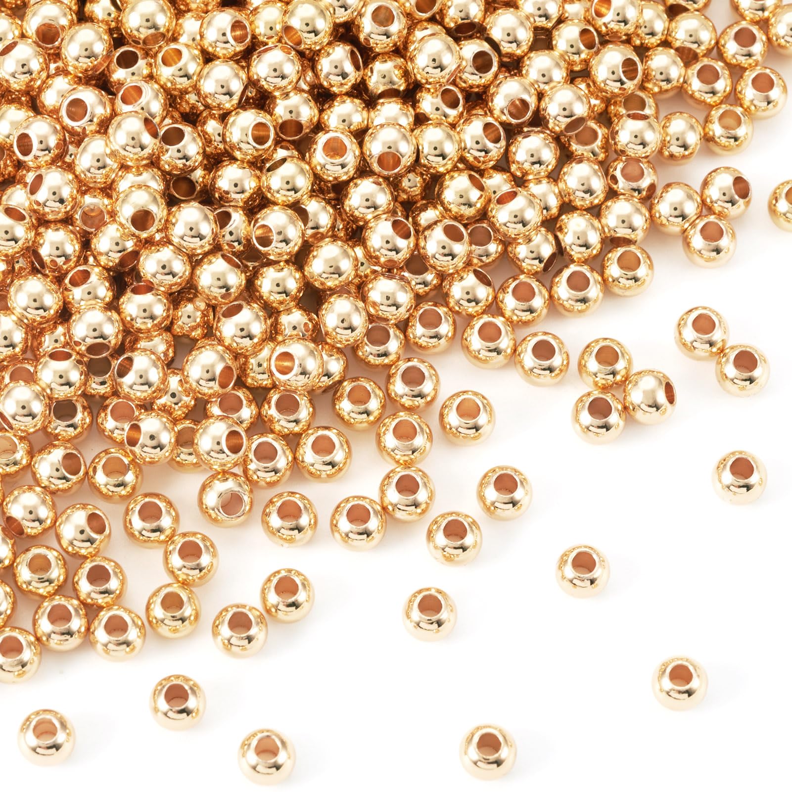Bestewelry 400Pcs 4mm 14K Gold Plated Brass Round Beads for DIY Crafts Necklace Bracelet Jewelry Making