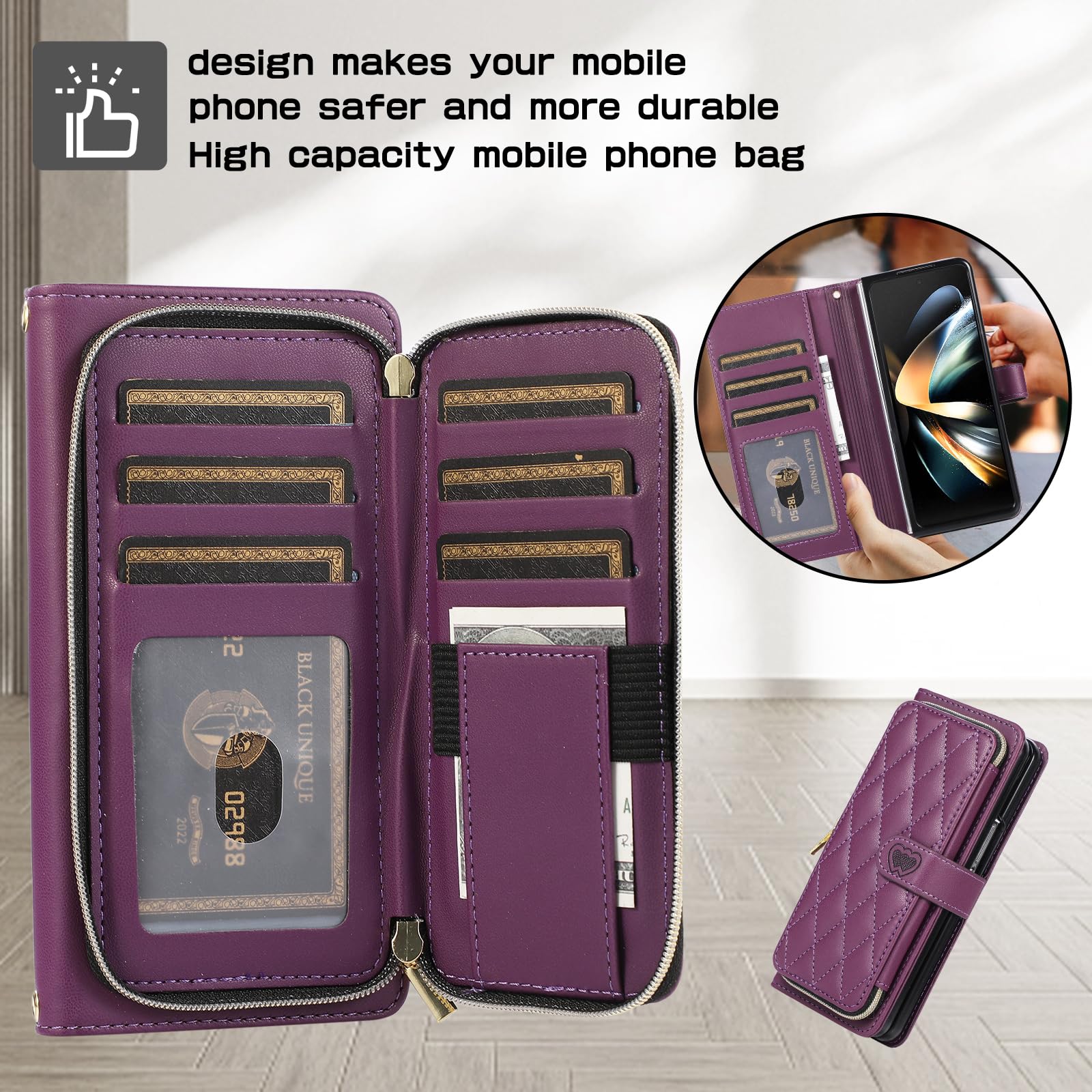 YYTVN Wallet Case for Samsung Galaxy Z Fold 5 with Zipper Card Holder & Shoulder Strap & Wrist Strap, Crossbody Purse Handbag Stylish Protective Cover for Galaxy Z Fold 5 -Dark purple