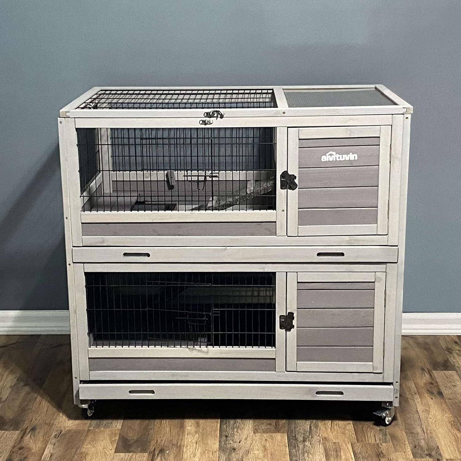 Conejera para interiores y exteriores, bandeja extraíble para conejillos de indias con malla de alambre inferior, sobre ruedas (Gery) 39.4 pulgadas