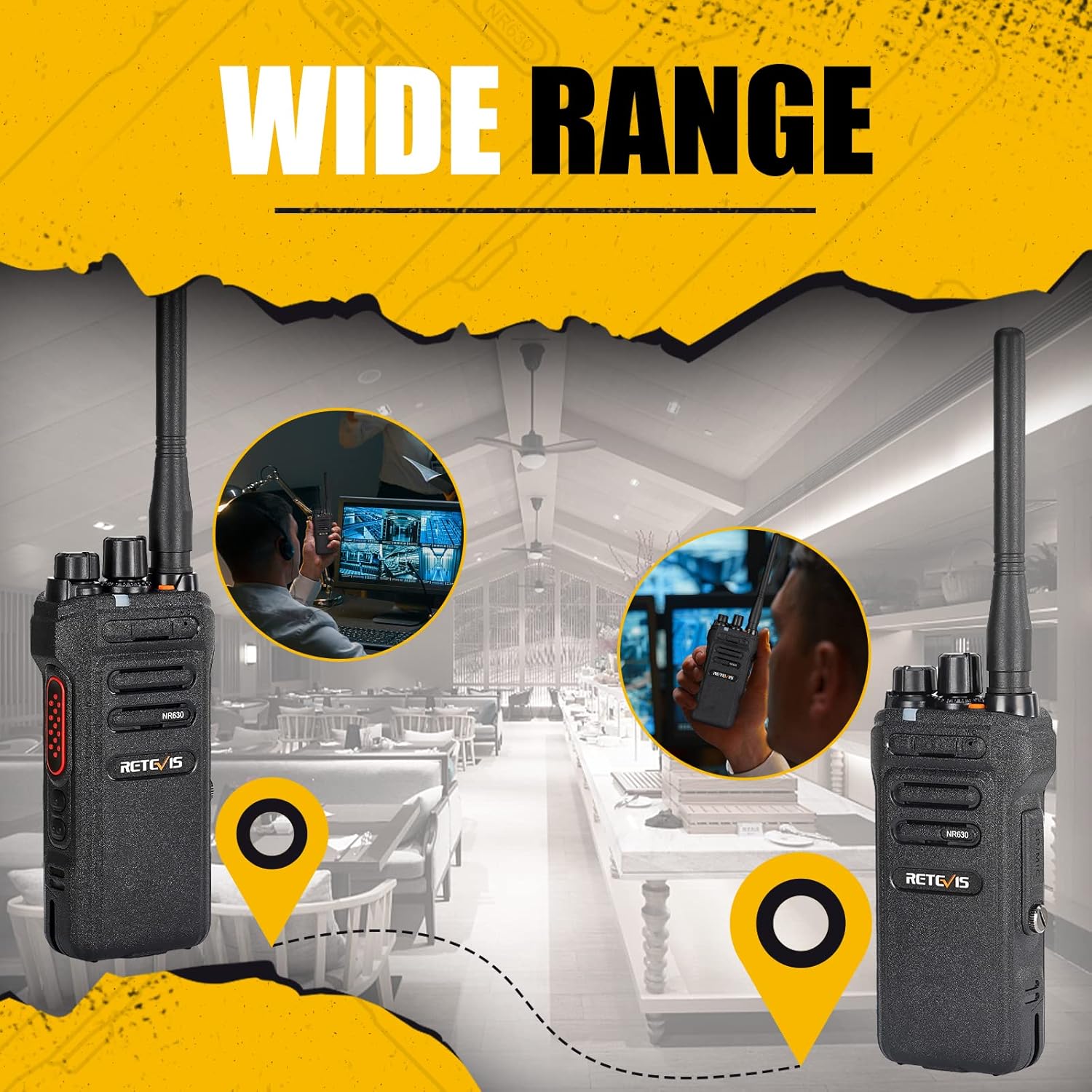Image depicting two Retevis NR630 radios communicating over a wide range in an indoor setting