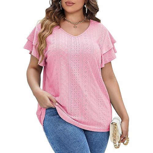 IN'VOLAND Womens Plus Size T Shirt V Neck Loose Fit Ruffle Sleeve Summer Hollow Casual Tops Blouse