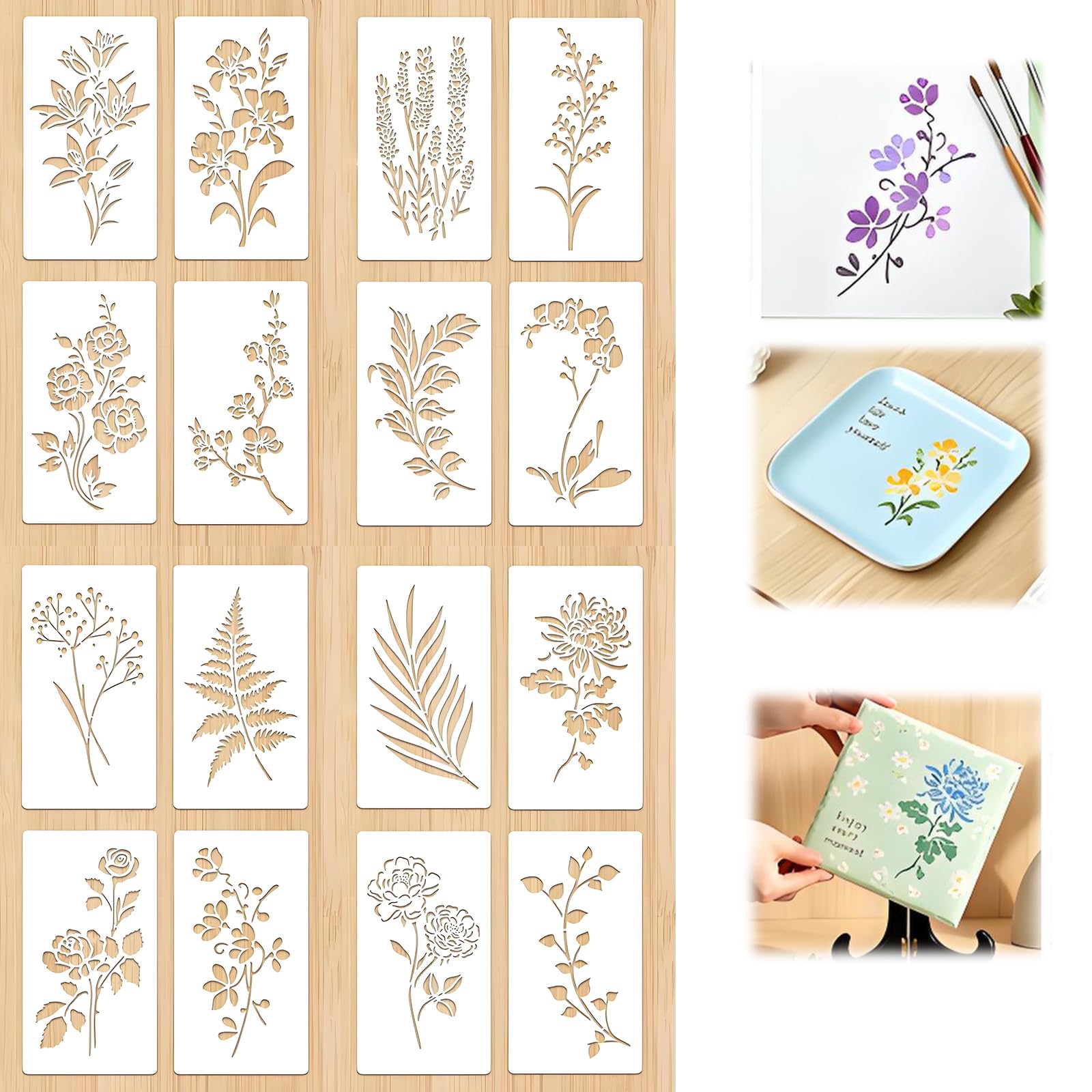 VZU 16 Stück Wiederverwendbare Malschablonen Set, 17.6 x 9.7cm Blumen & Blätter Schablonen für DIY, Holz, Möbel, T-Shirt, Kunststoff, Textilgestaltung