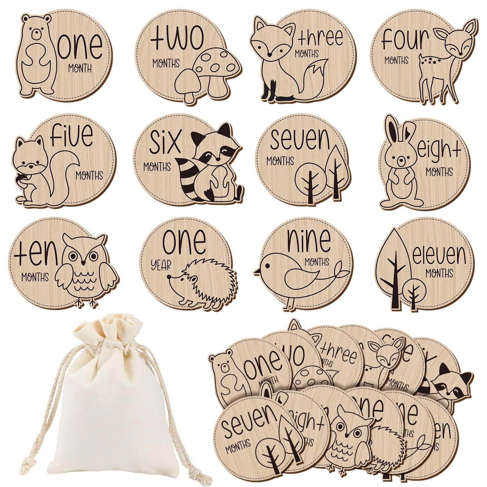 Baby Monthly Milestone, 12 Pcs Wooden Baby Milestone Cards with Linen Bag - Wooden Newborn Welcome Discs Sign Round New Baby Sign Sided Cute Animal Printed, Baby Announcement Cards for Boys Girls