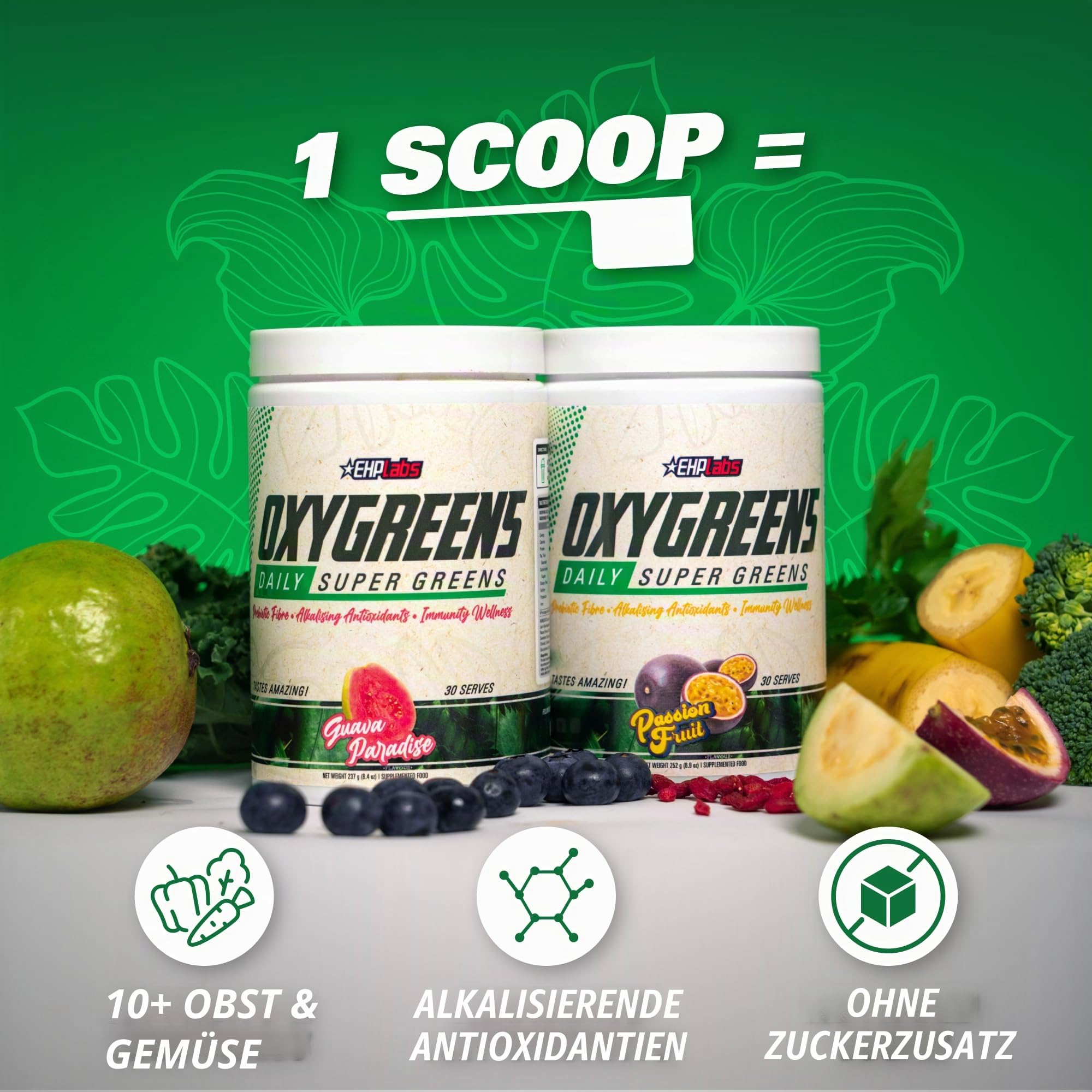 OxyGreens by EHPlabs - Daily Super Greens Pulver, Spirulina Kräuterergänzungsmittel mit präbiotischen Ballaststoffen, alkalizierende Antioxidantien & Immunität Wellness, 30 Portionen (Ananas)