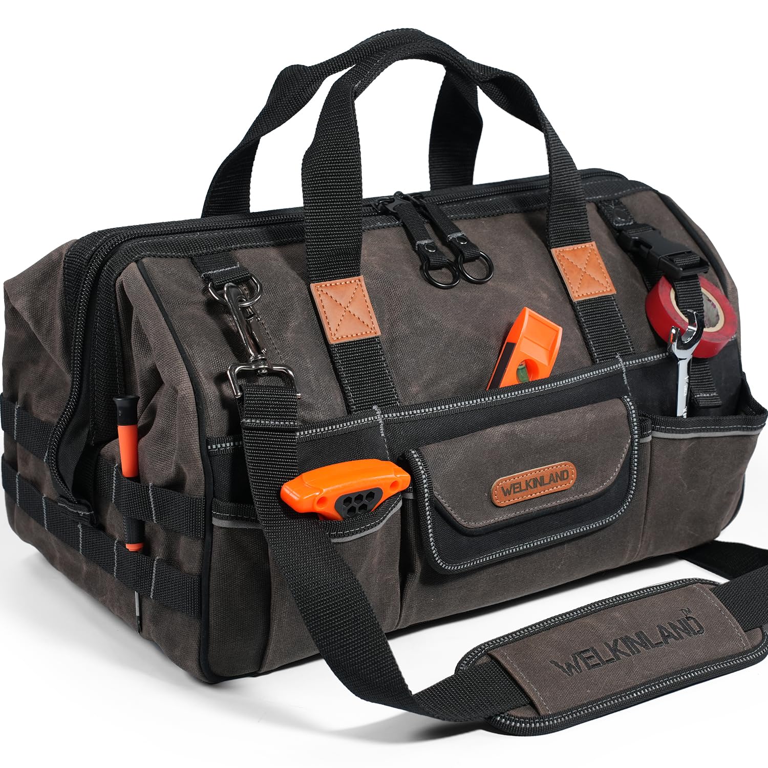 WELKINLAND 18 Inch Waxed Canvas Tool Bag Heavy-Duty Electrical Tool Bag Large-Opening 28-Pocket Tools Bag 36L Tool Bags